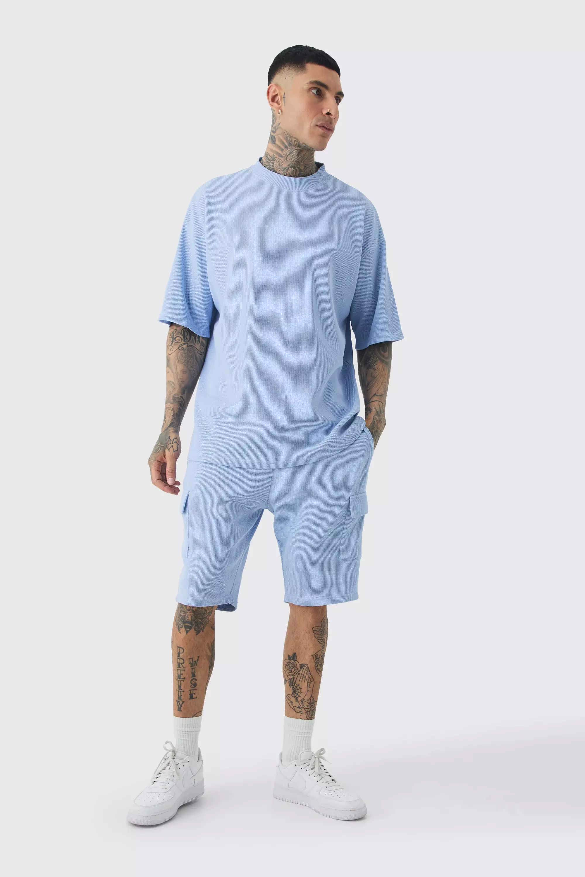 Tall Oversized Waffle T-shirt & Cargo Short Set Slate