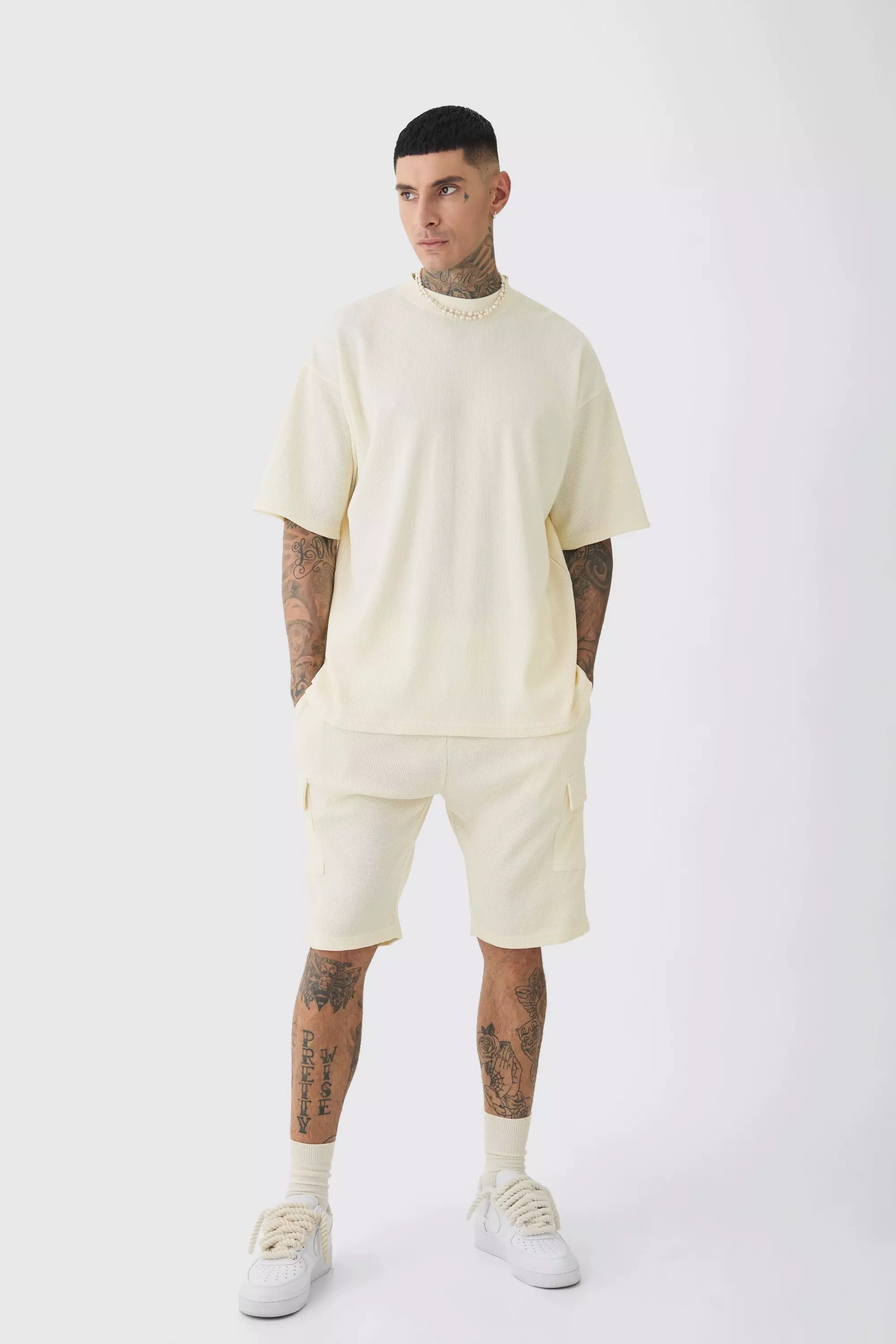 Stone Beige Tall Oversized Waffle T-shirt & Cargo Short Set