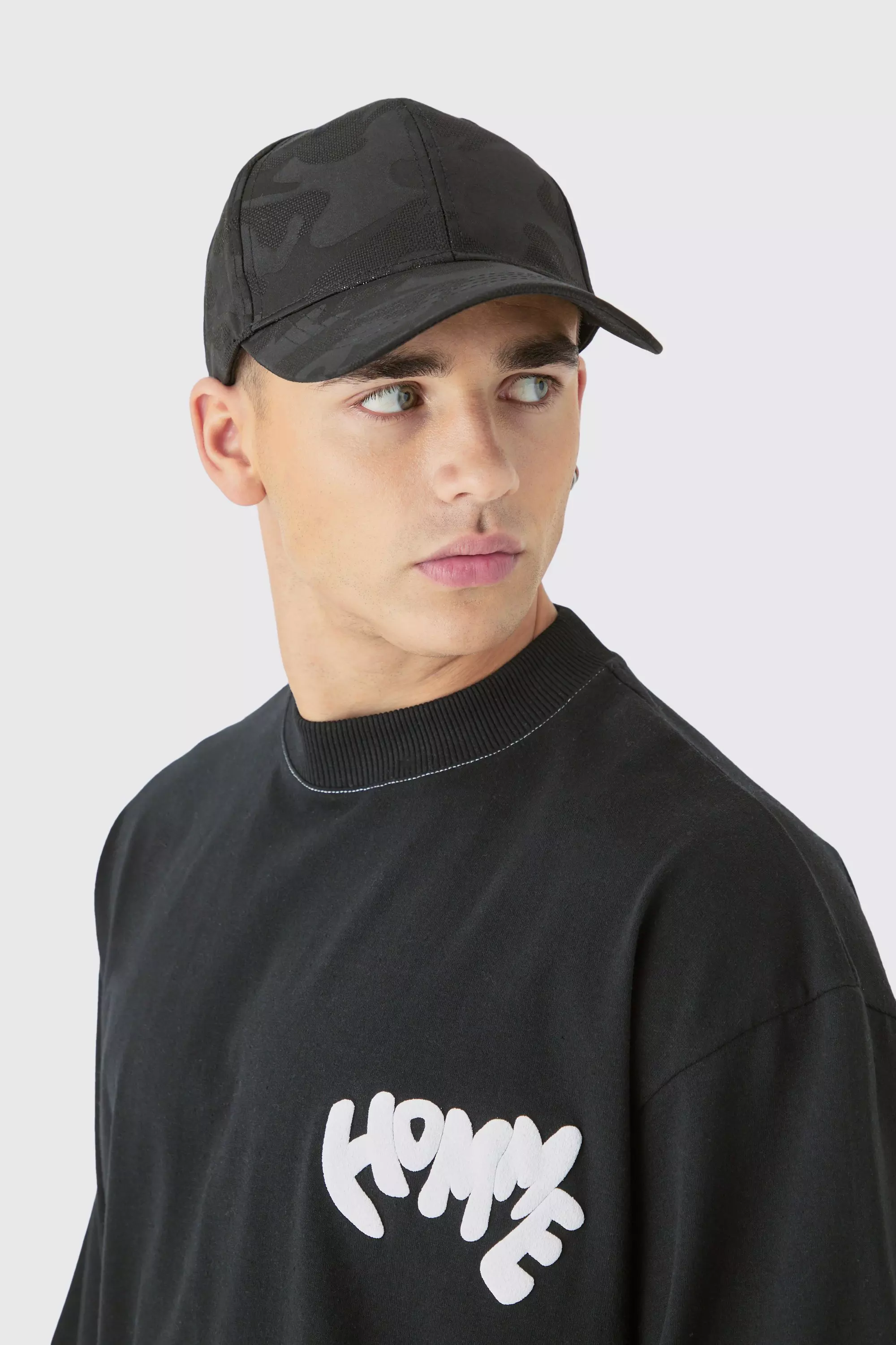 All Over Camo Print Cap In Black Black