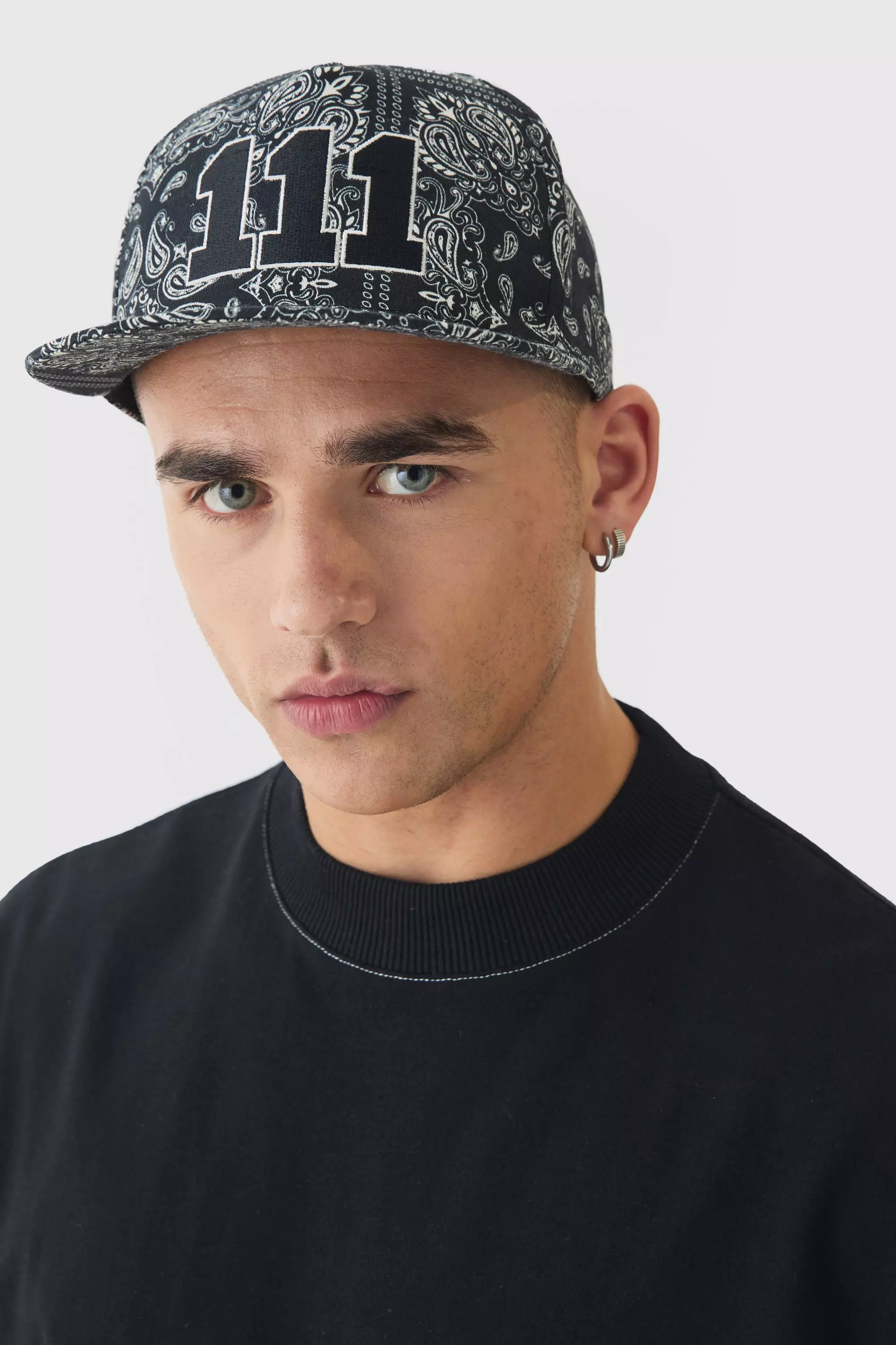 Black Embroidered Bandana Print Snapback In Black