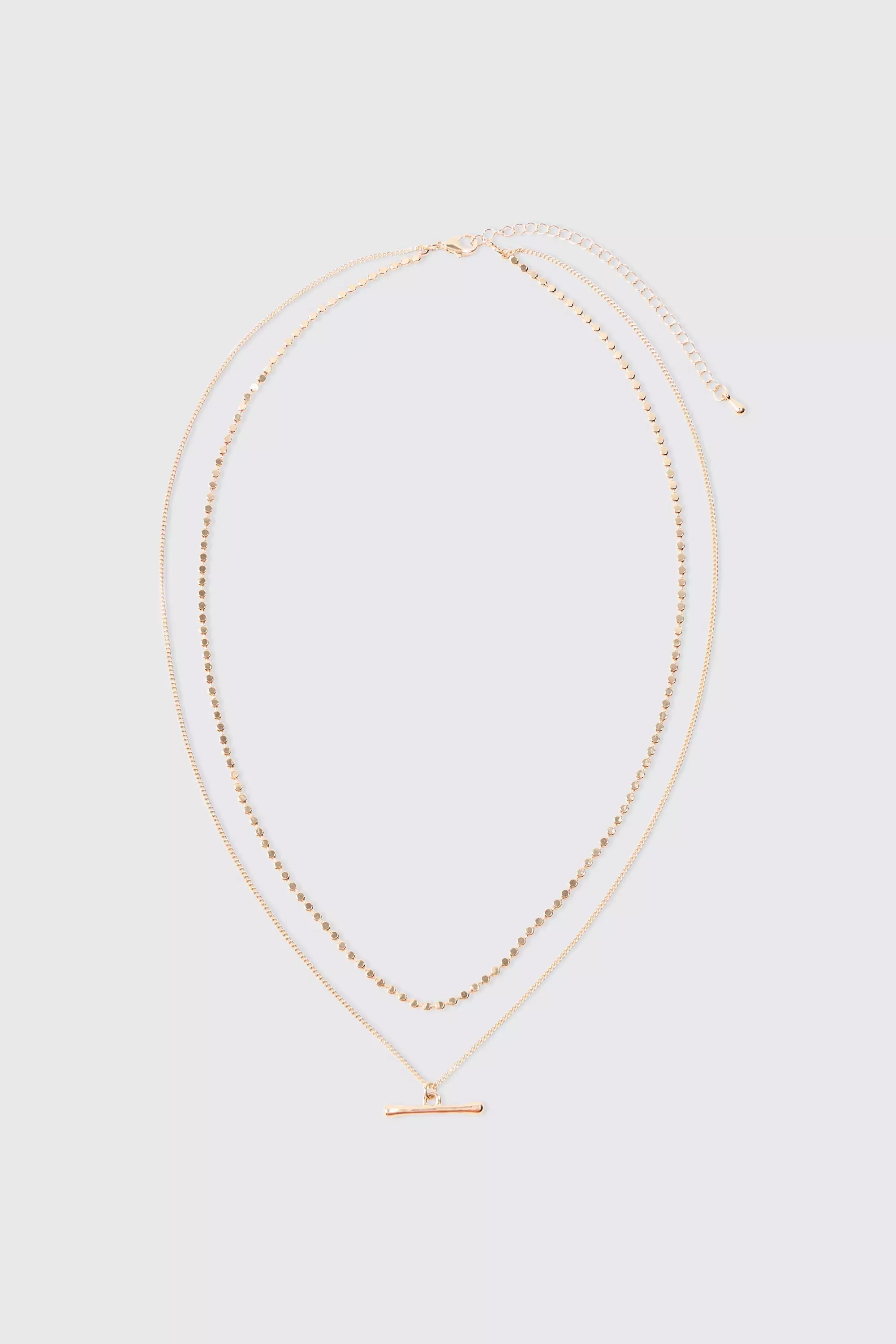 Metallic Double Chain T Bar Necklace In Gold