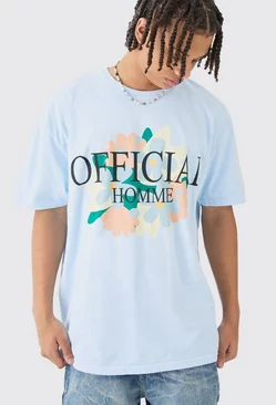 Blue Oversized Extended Neck Floral Wash T-shirt