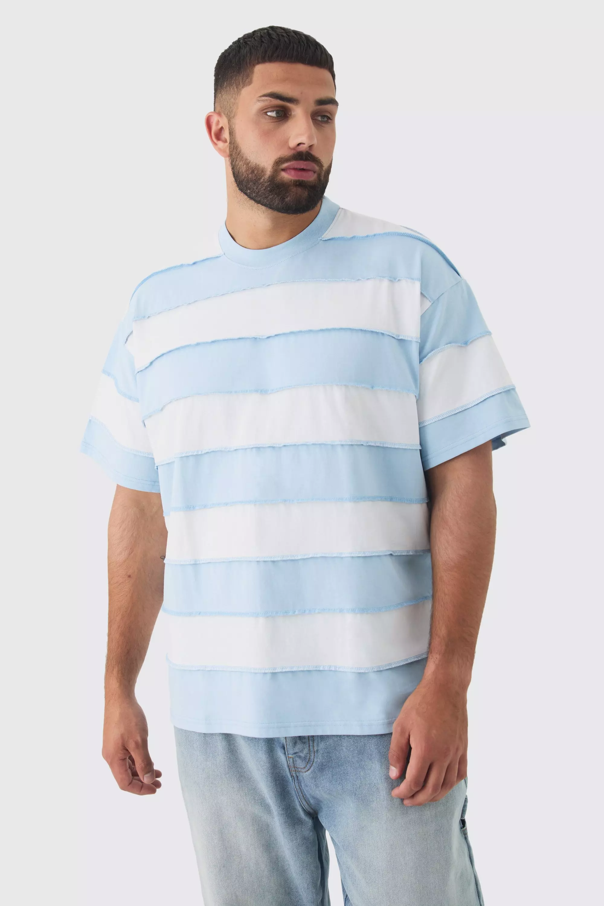 Plus Oversized Stripe Raw Seam T-shirt Light blue