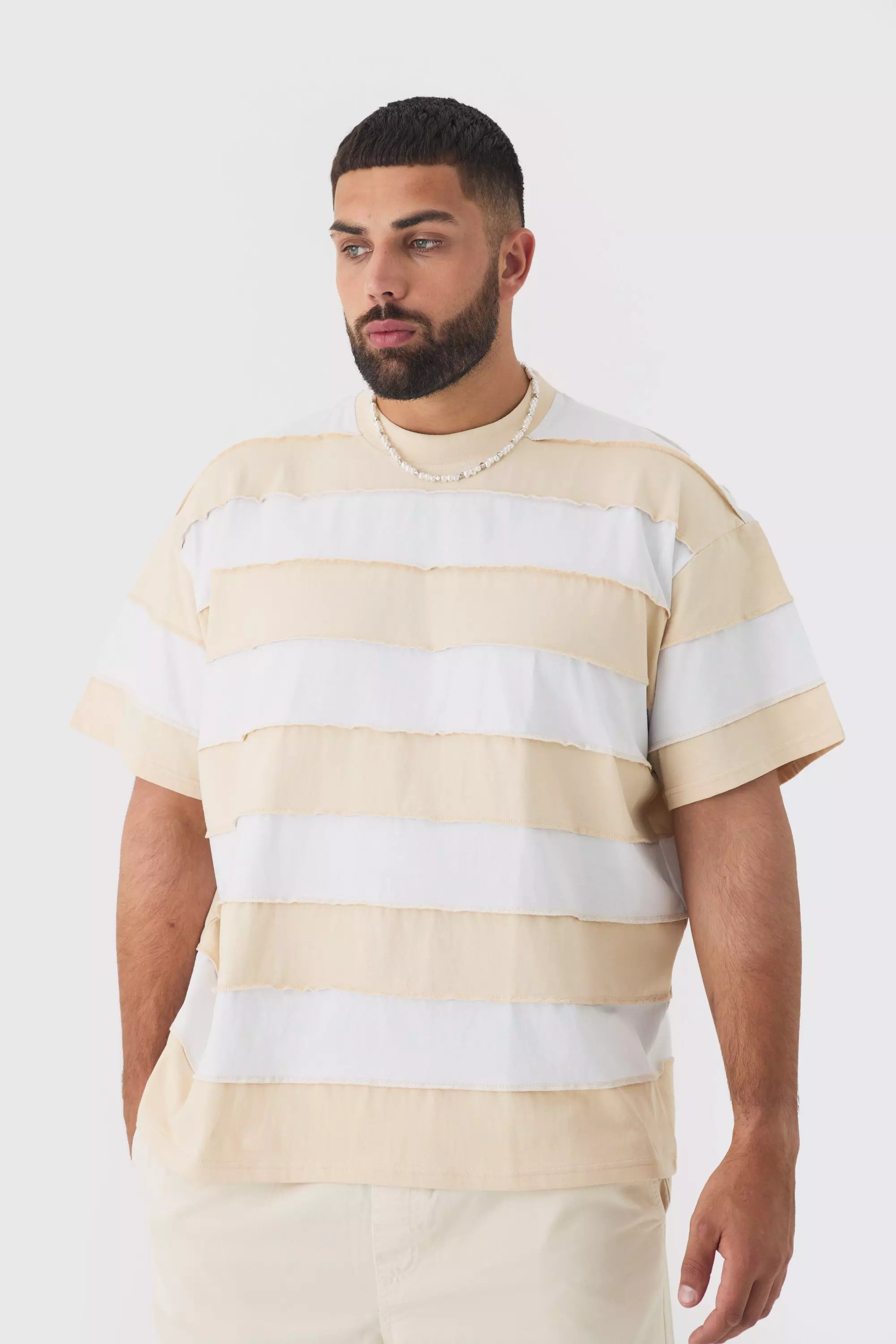 Plus Oversized Stripe Raw Seam T-shirt Stone