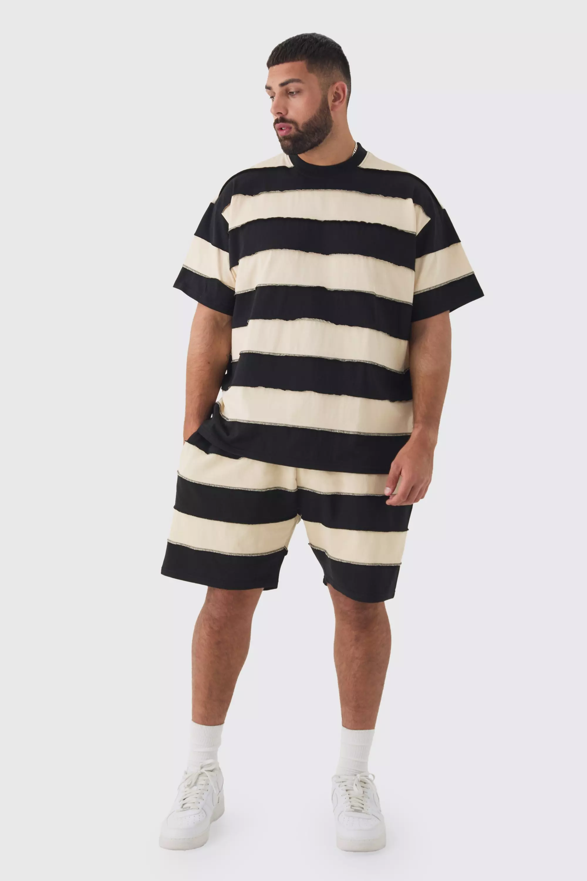 Plus Oversized Stripe Raw Seam T-shirt & Short Set Multi