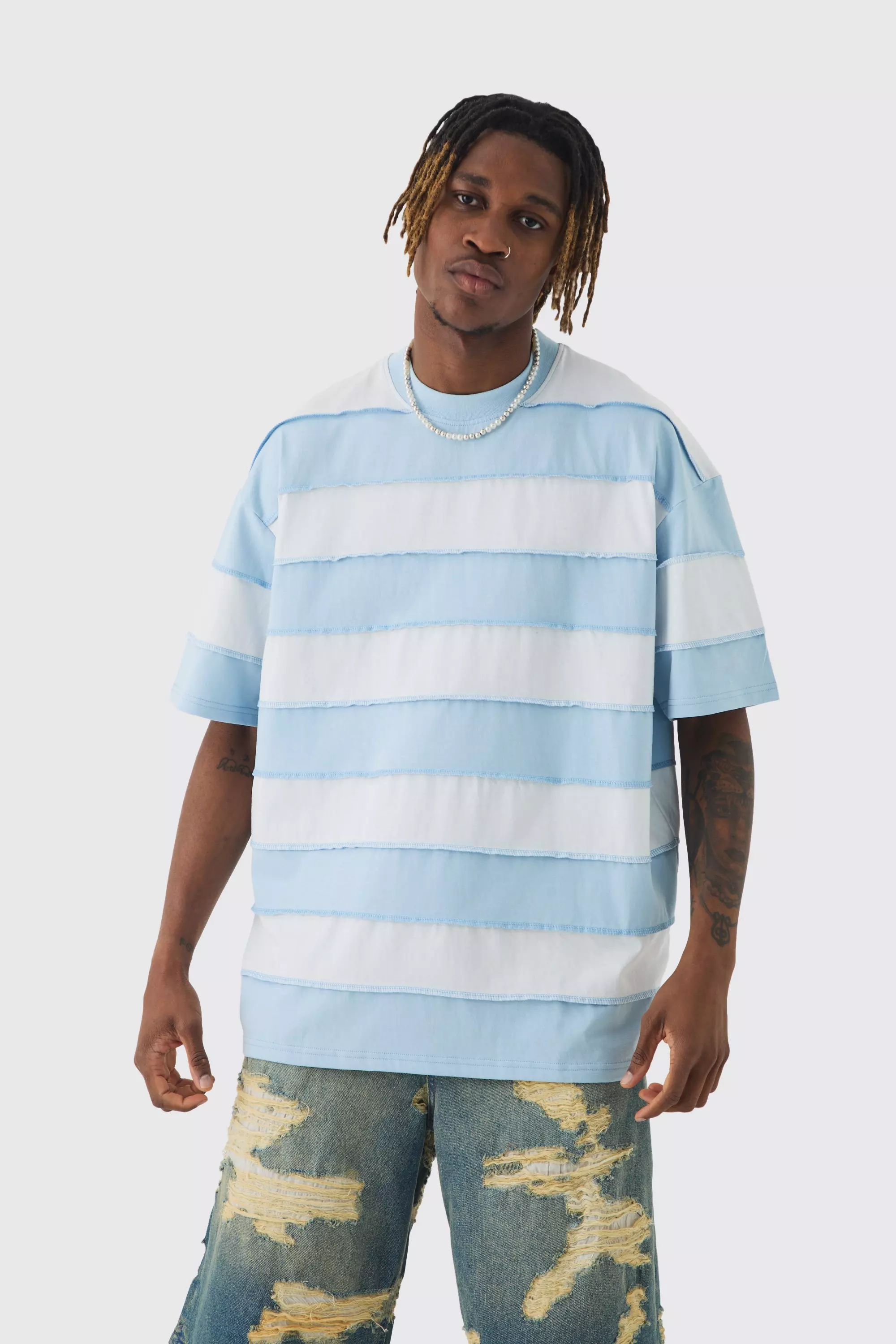 Tall Oversized Stripe Raw Seam T-shirt Light blue