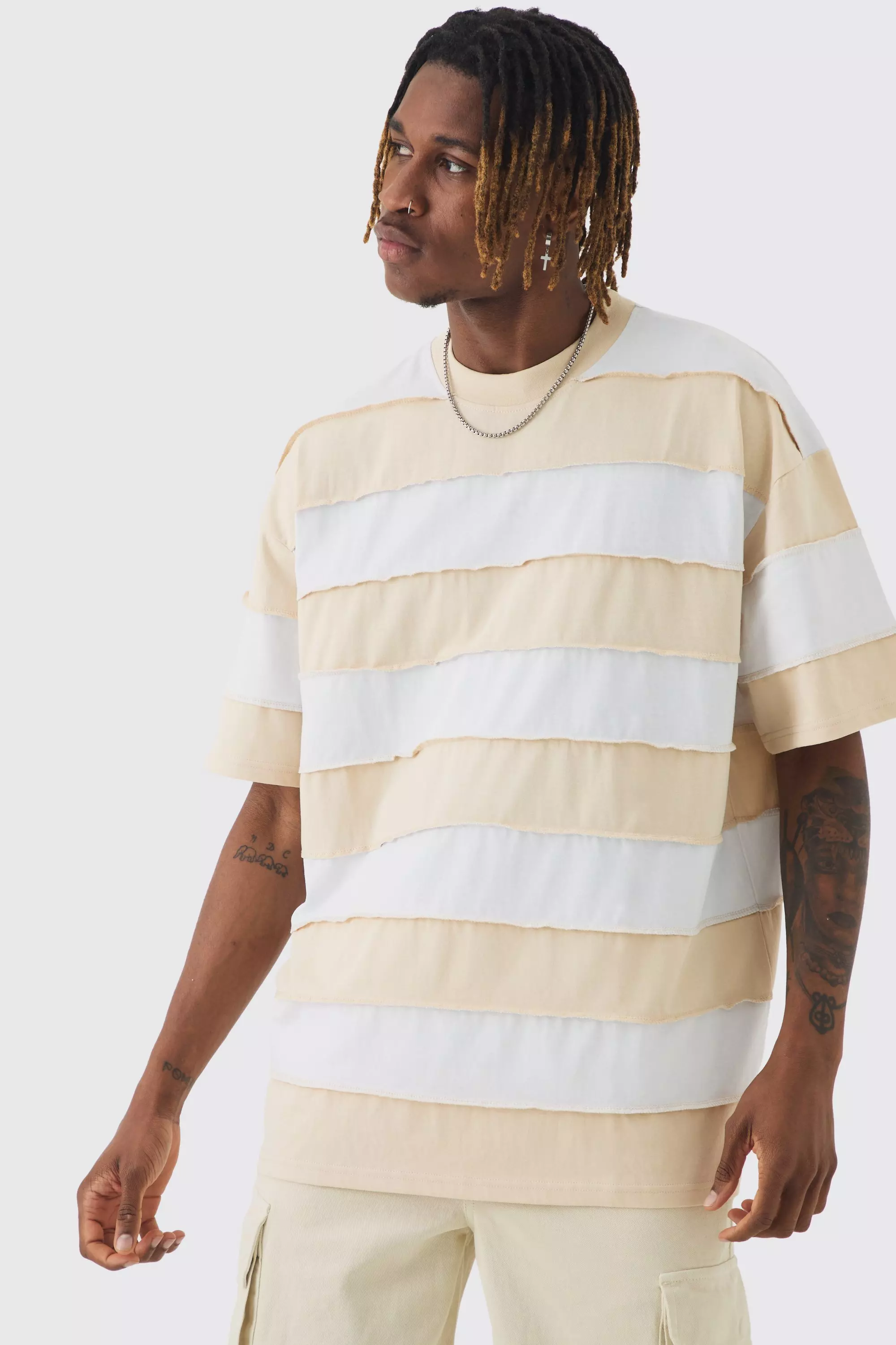 Tall Oversized Stripe Raw Seam T-shirt Stone