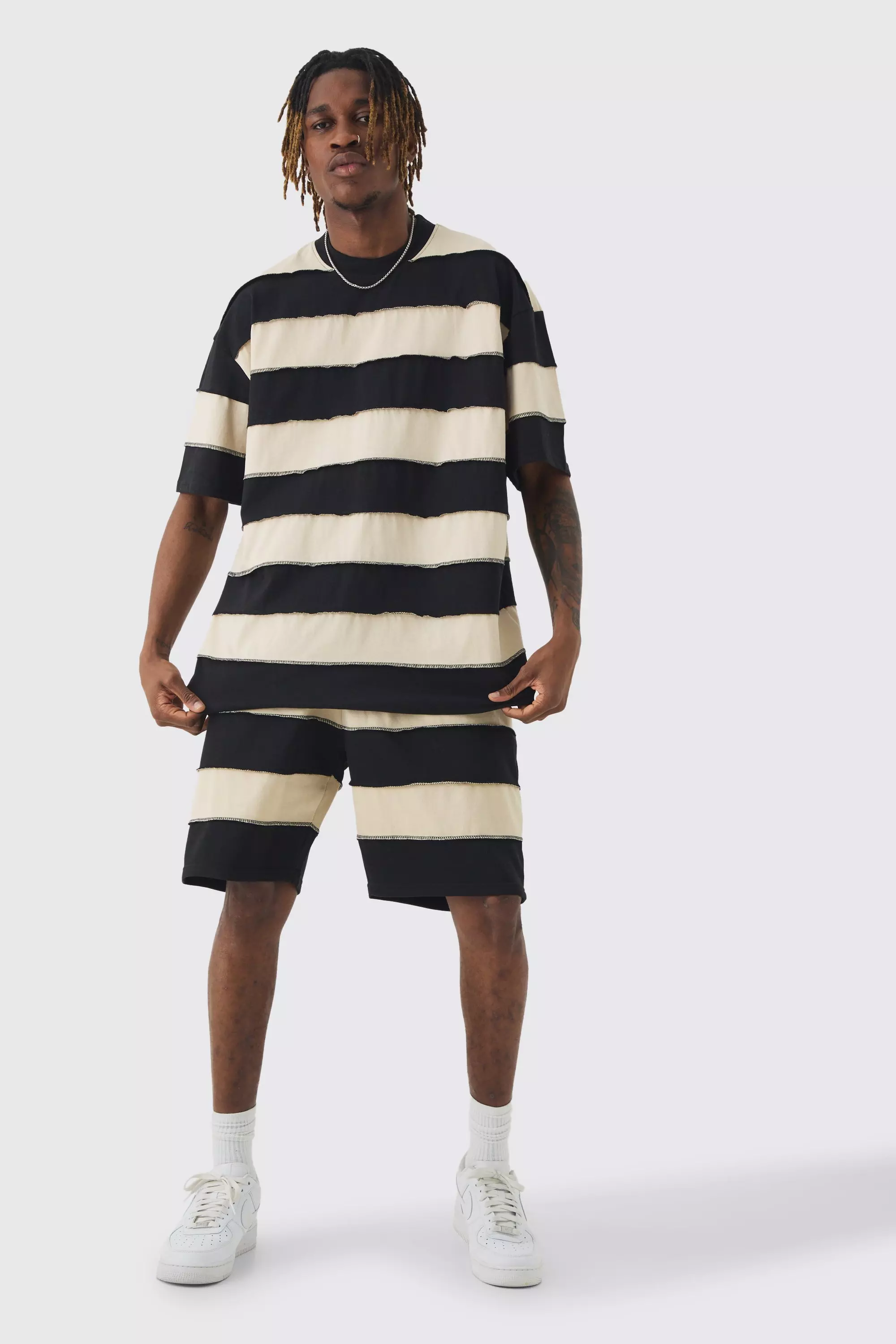 Tall Oversized Stripe Raw Seam T-shirt & Short Set Multi