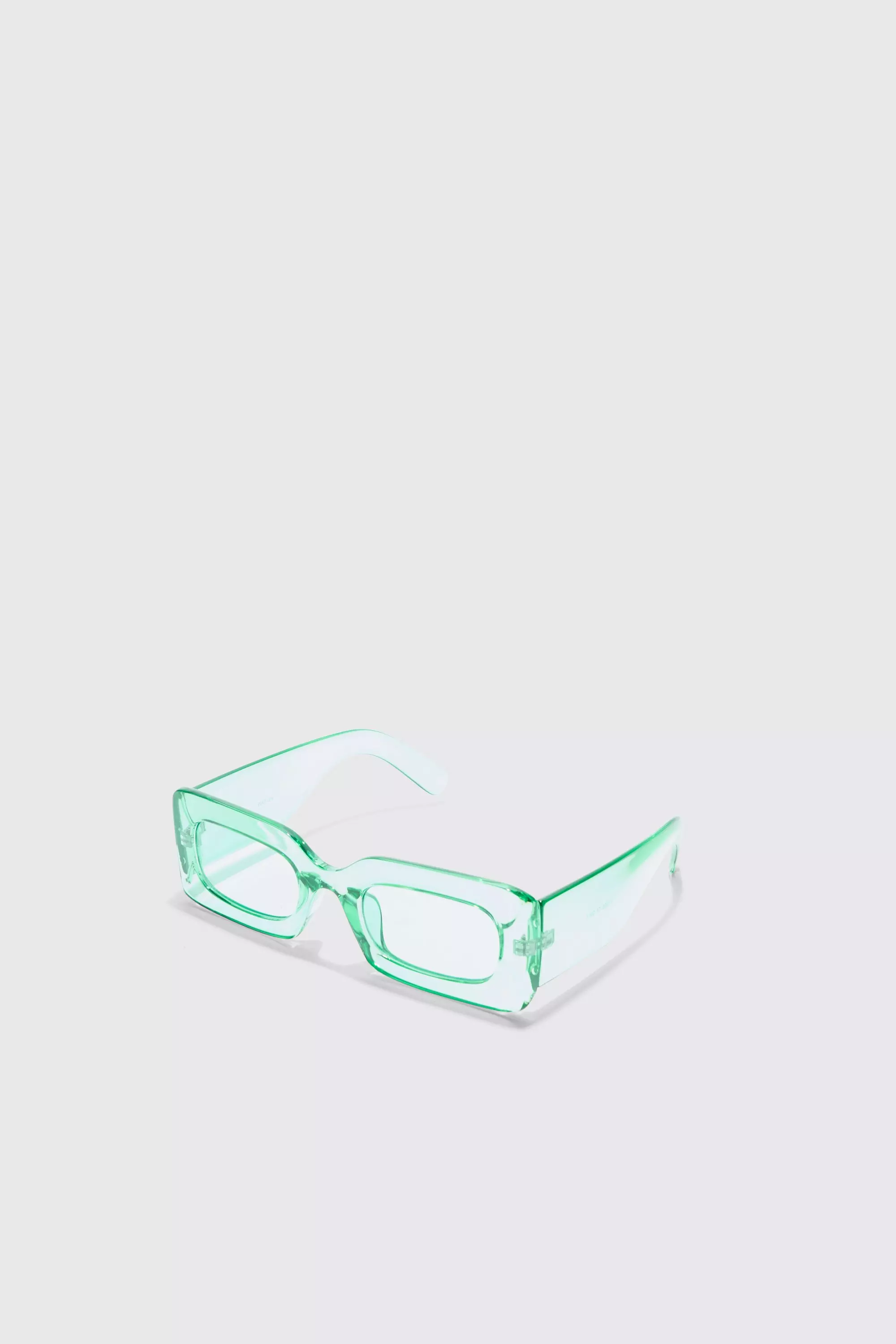 Green Rectangular Clear Plastic Sunglasses In Green