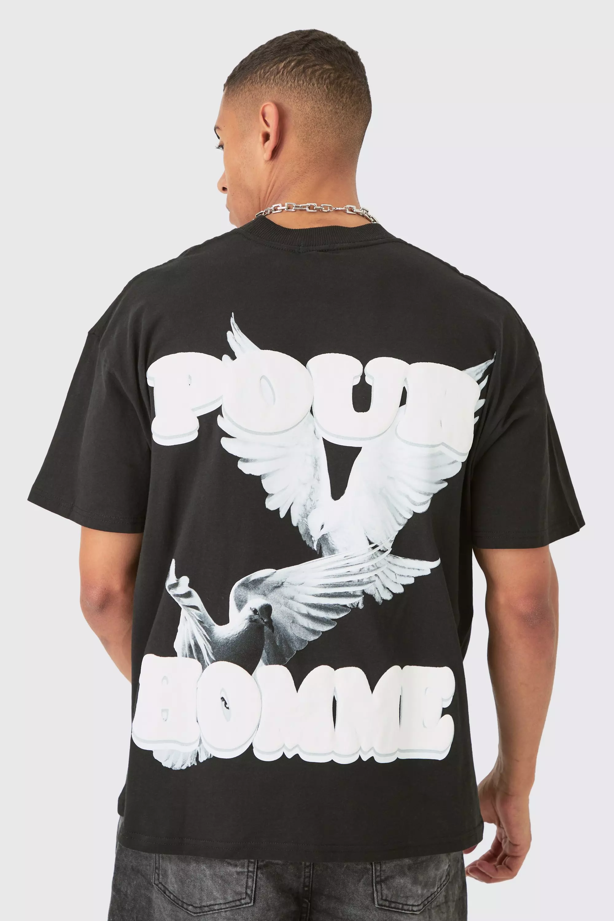 Oversized Dove Puff Print T-shirt Black