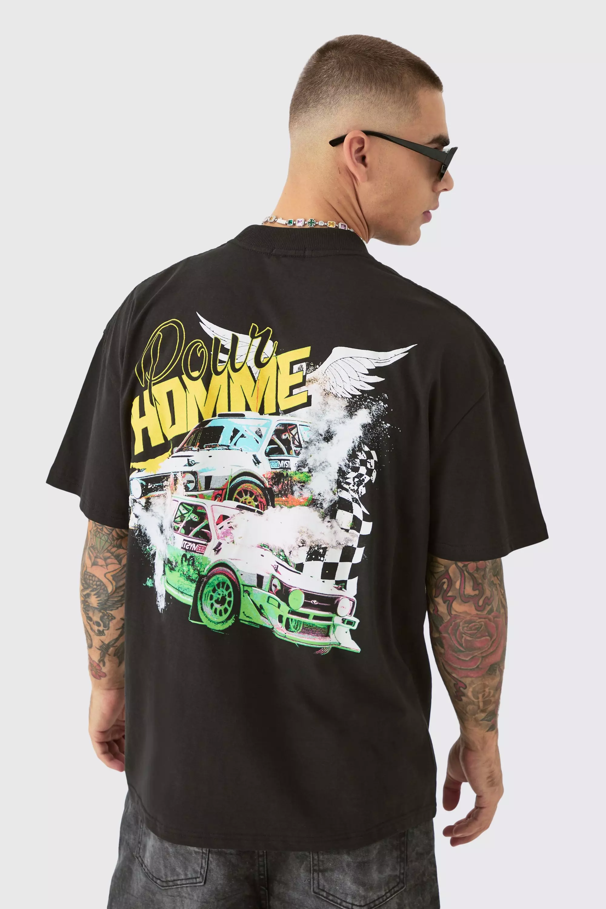 Oversized Extended Neck Race Car Graphic T-shirt Black