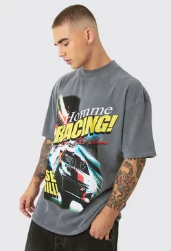 Charcoal Grey Oversized Car Chase Graphic T-shirt