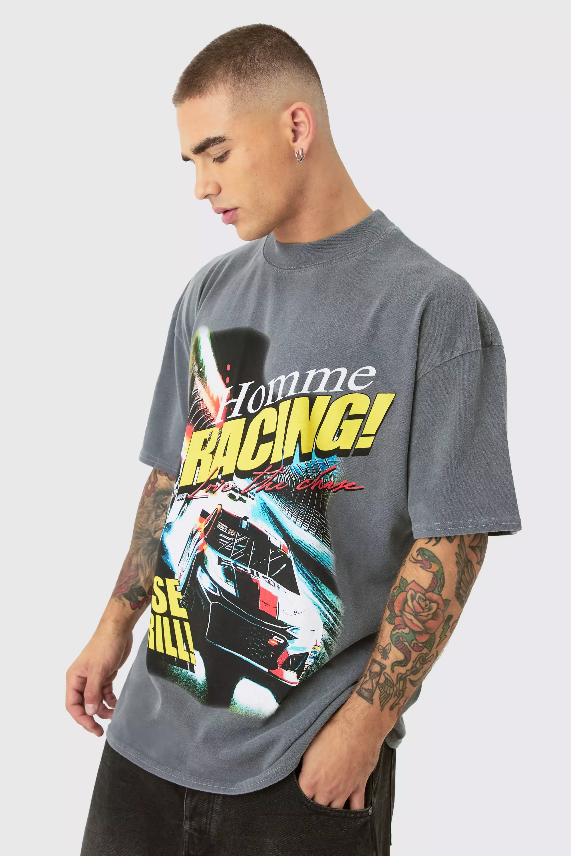 Oversized Car Chase Graphic T-shirt Charcoal