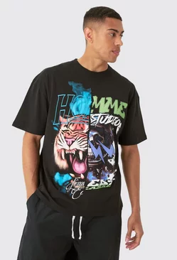 Oversized Tiger Space Graphic T-shirt Black