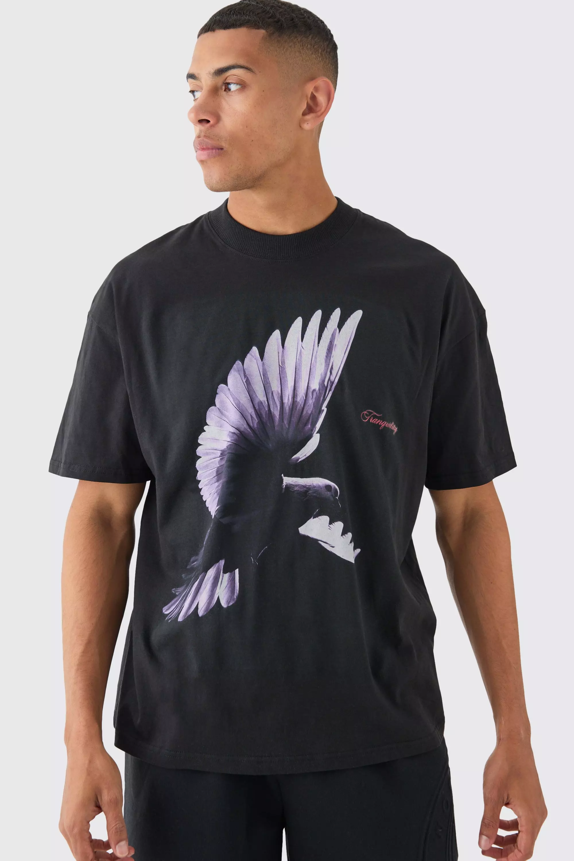 Oversized Extended Neck Dove Graphic T-shirt Black