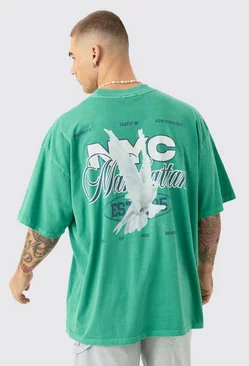 Green Oversized Extended Neck Nyc Dove Print T-shirt
