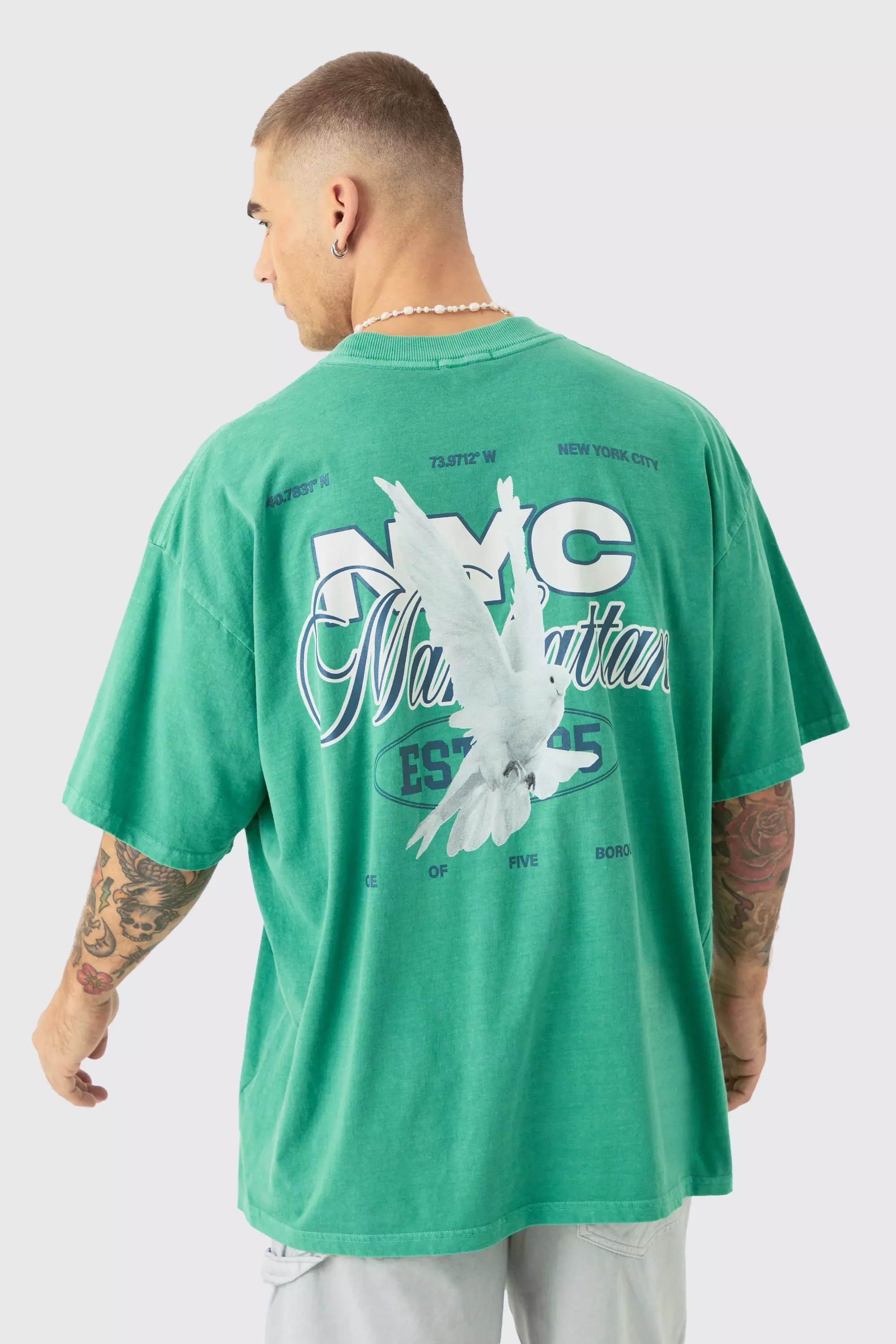Oversized Extended Neck Nyc Dove Print T-shirt Dark green