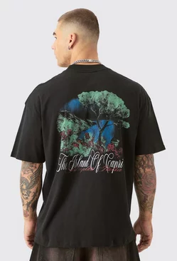 Black Oversized Extended Neck Capri Graphic T-shirt