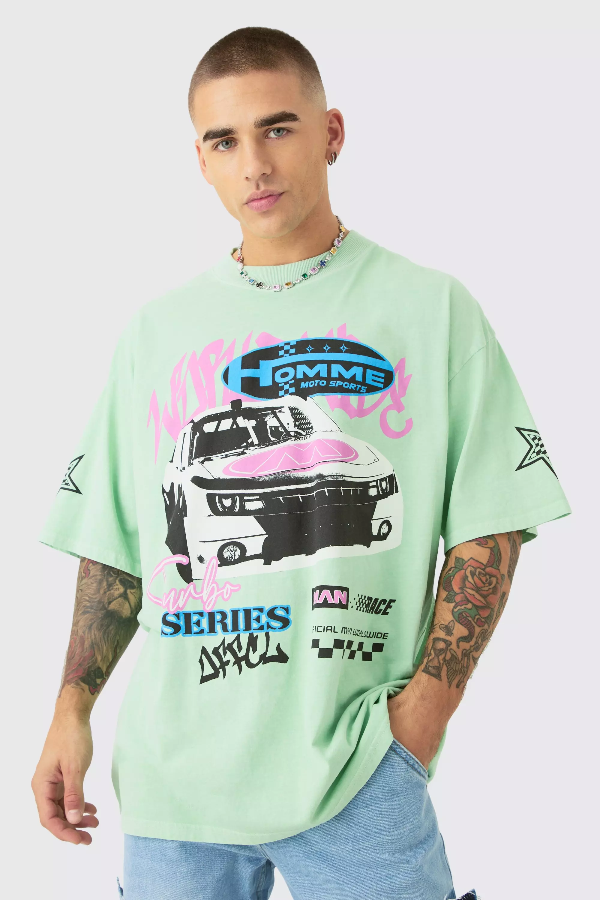 Green Oversized Graffiti Car Graphic Wash T-shirt