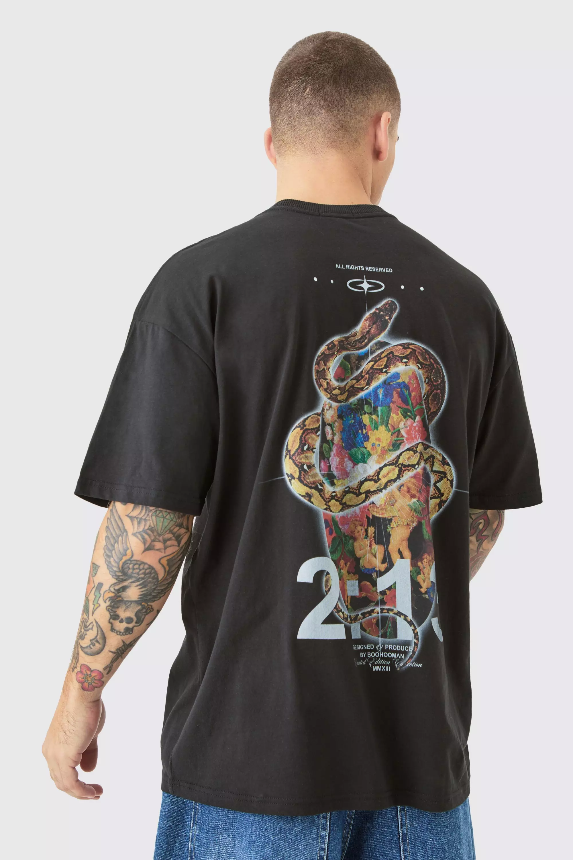 Oversized Snake Renaissance Print T-shirt Black