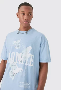 Oversized Washed Dove Print T-shirt Blue
