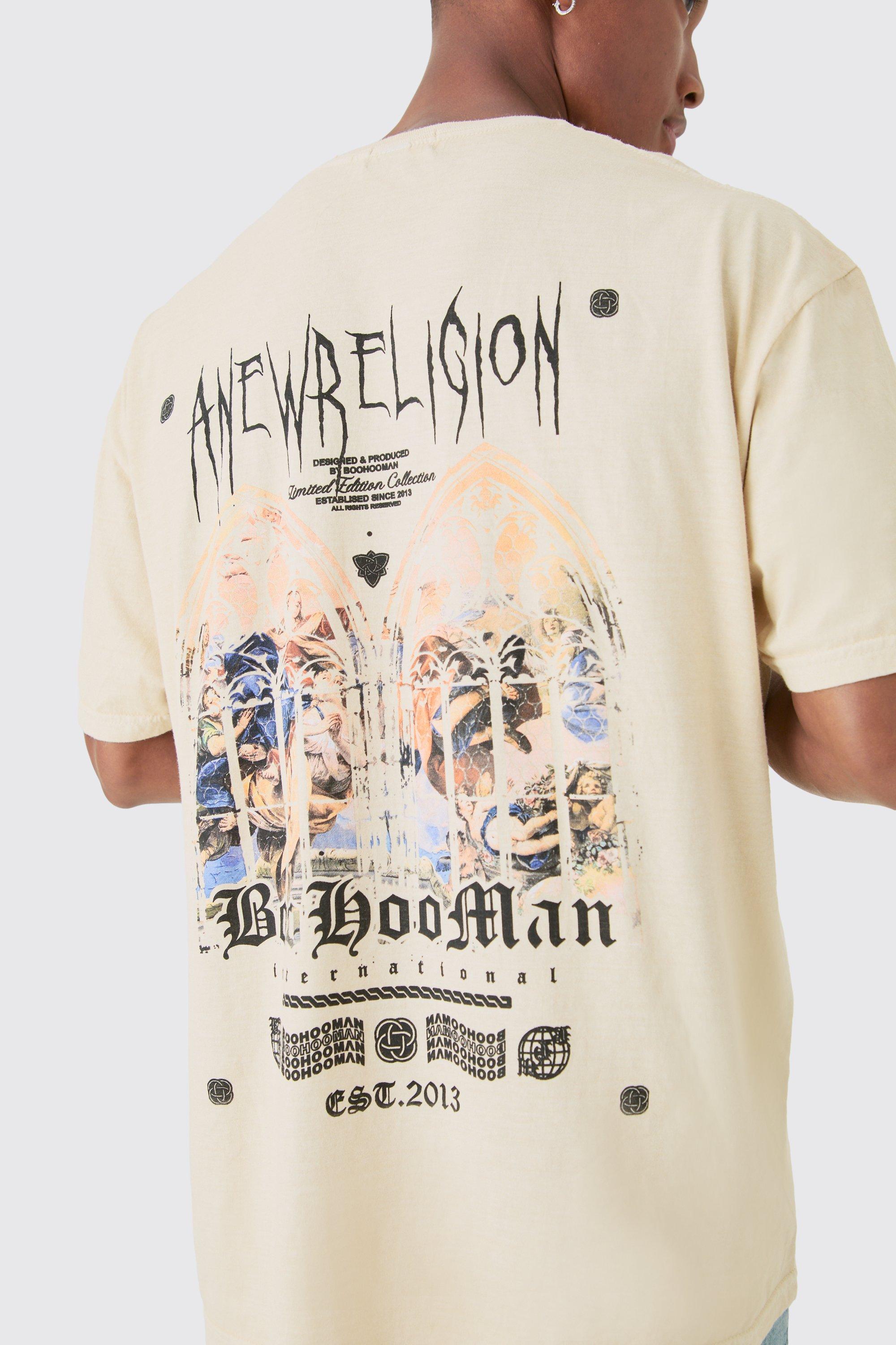 Oversized Washed A new Religion Print T-shirt | boohooMAN USA