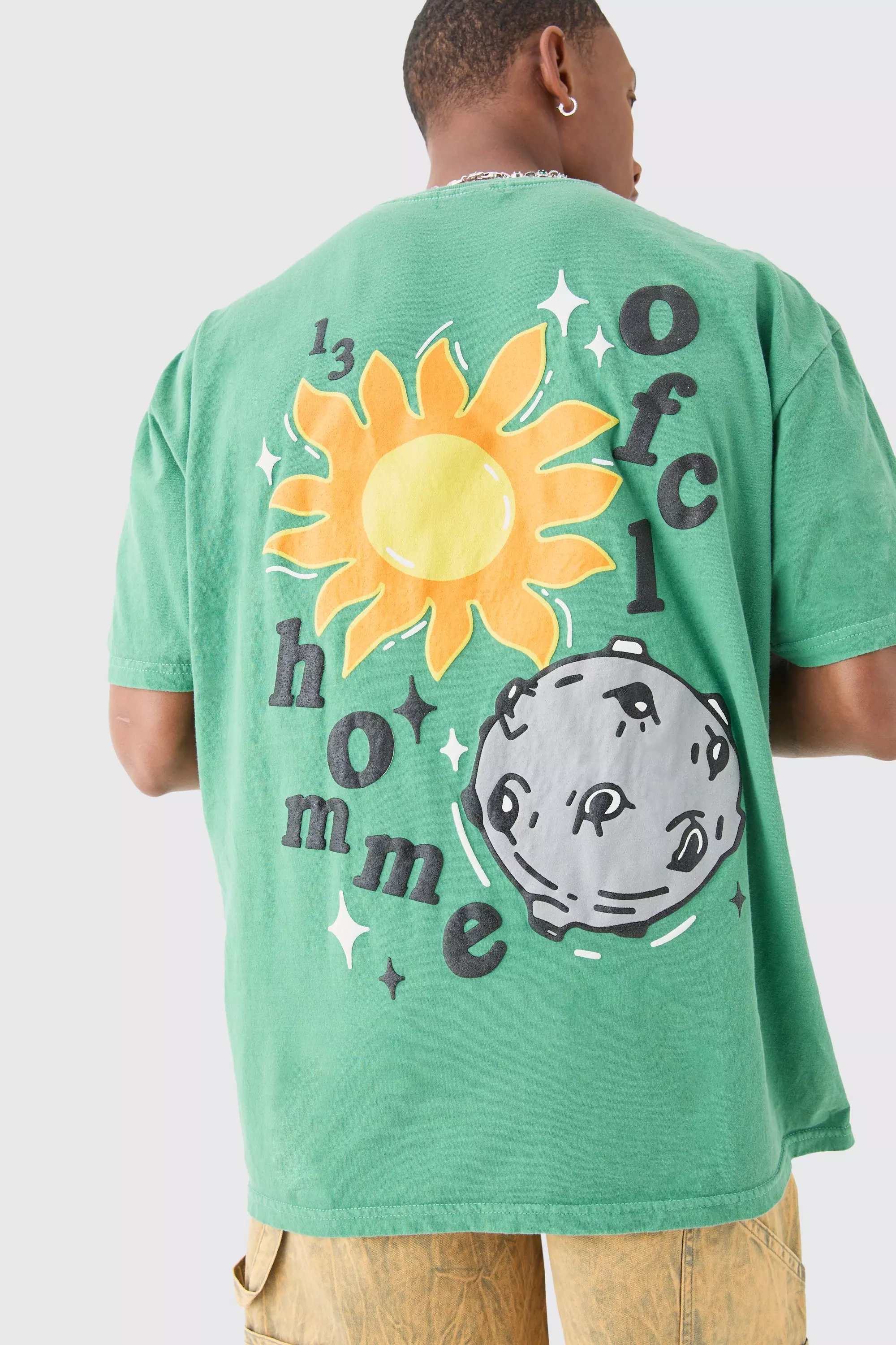 Oversized Floral Space Puff Print Wash T-shirt Green