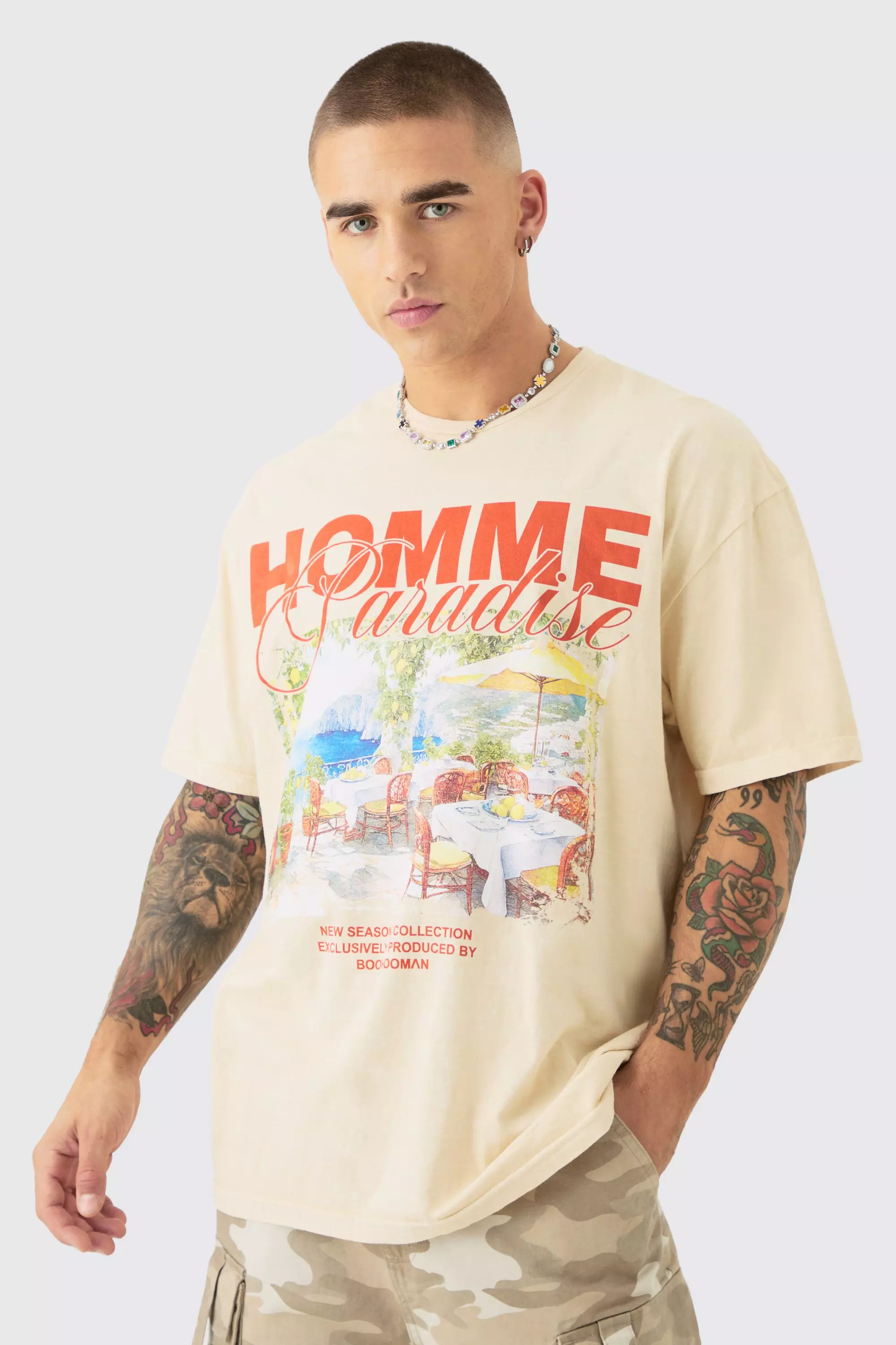 Ecru White Oversized Wash Homme Paradise Print T-shirt