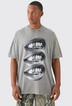 Charcoal Grey Oversized Washed Lip Graphic T-shirt