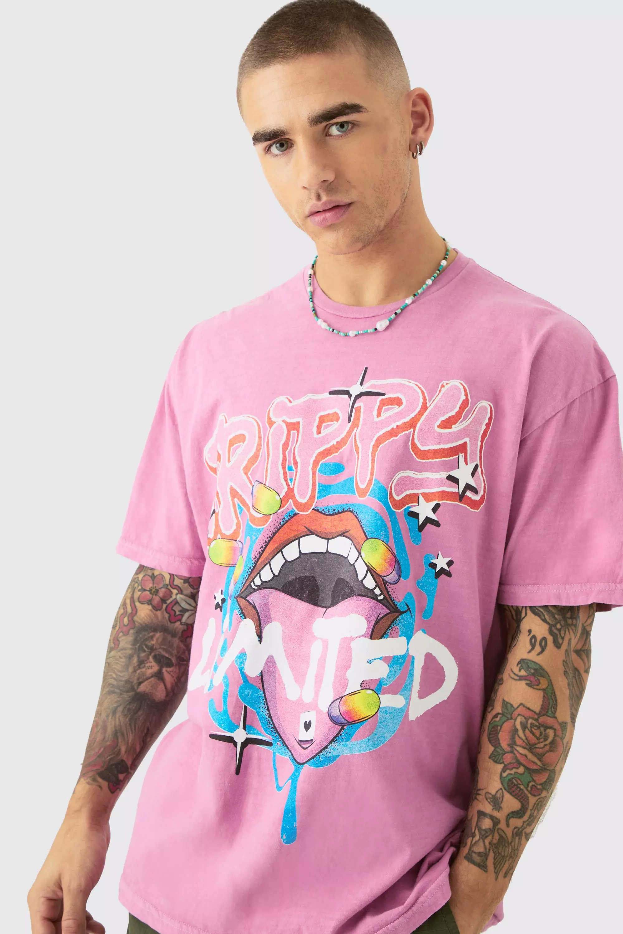 Oversized Trippy Lip Graphic T-shirt Pink