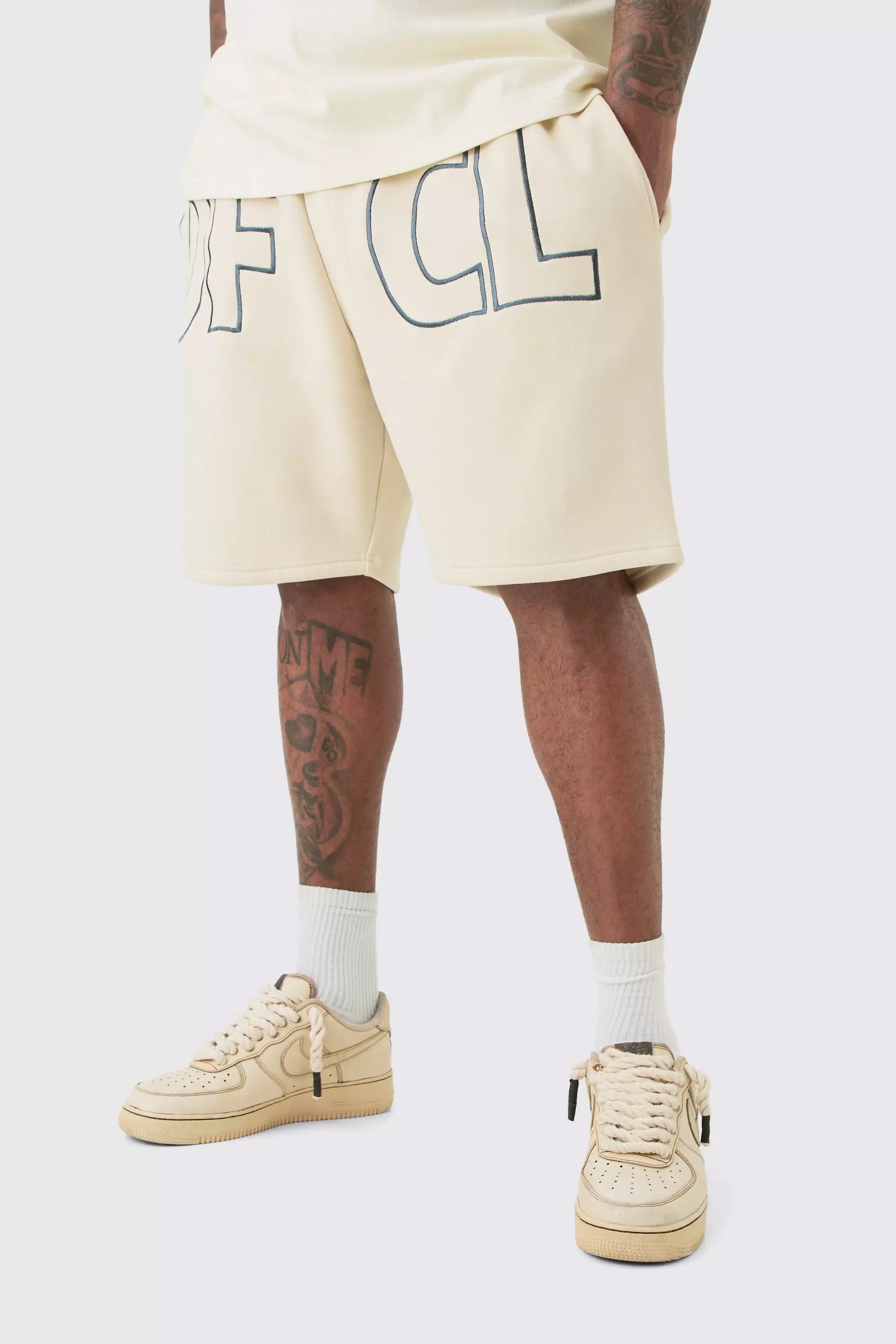 Plus Oversized OFCL Embroidered Sweat Shorts Stone