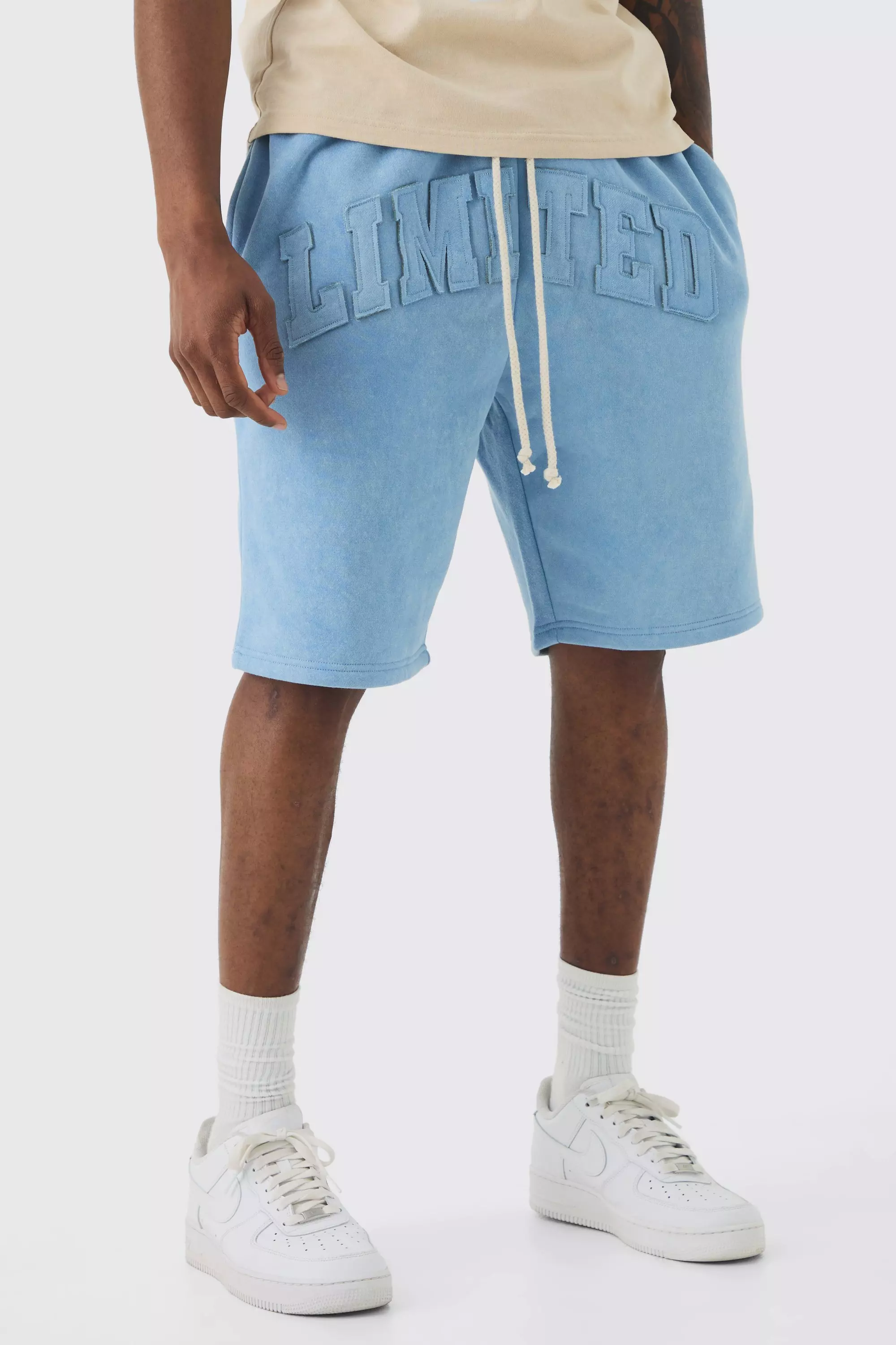 Blue Tall Relaxed Fit Cross Printed Washed Sweat Shorts