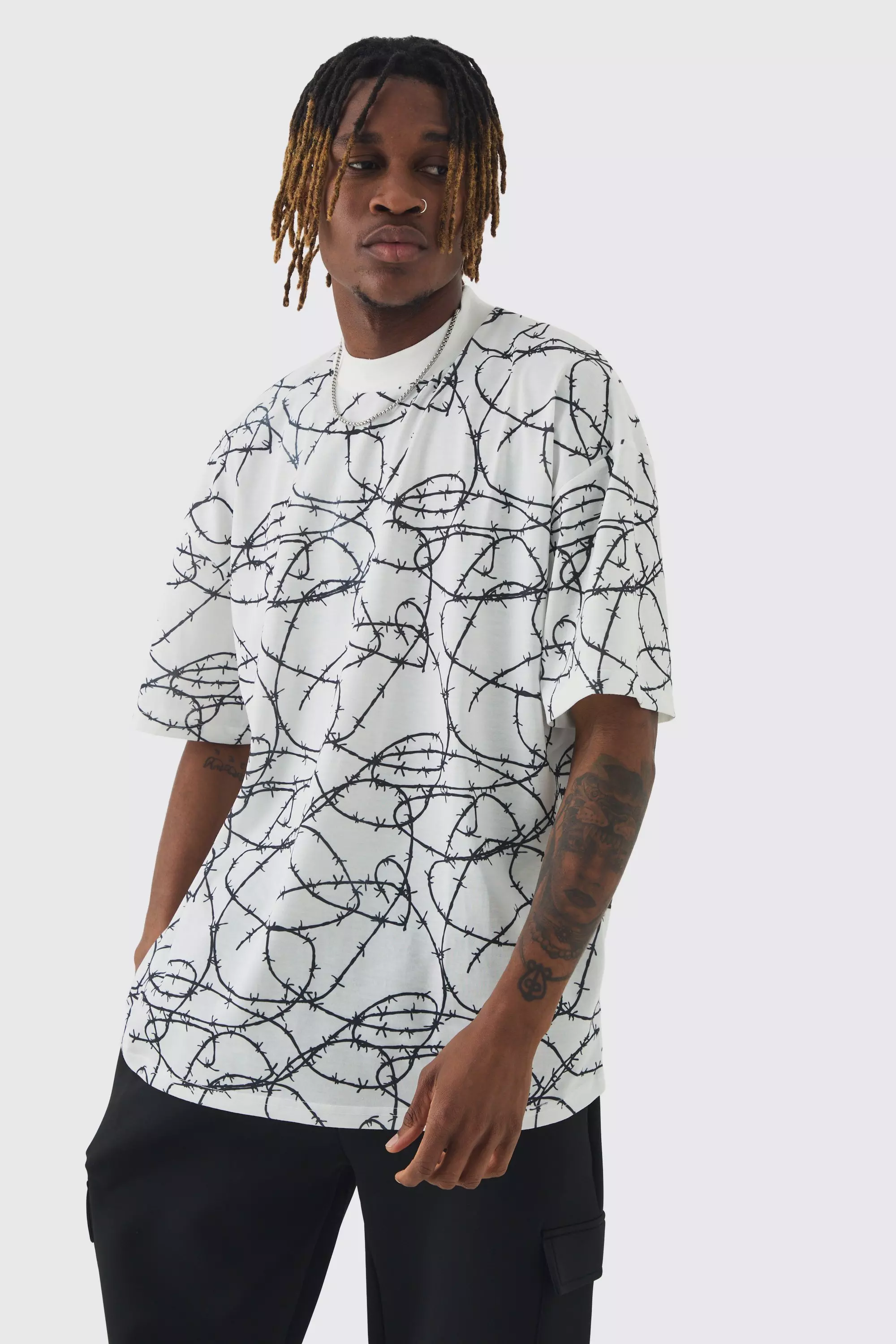 White Tall Oversized Extended Neck Barbed Wire Graphic T-shirt