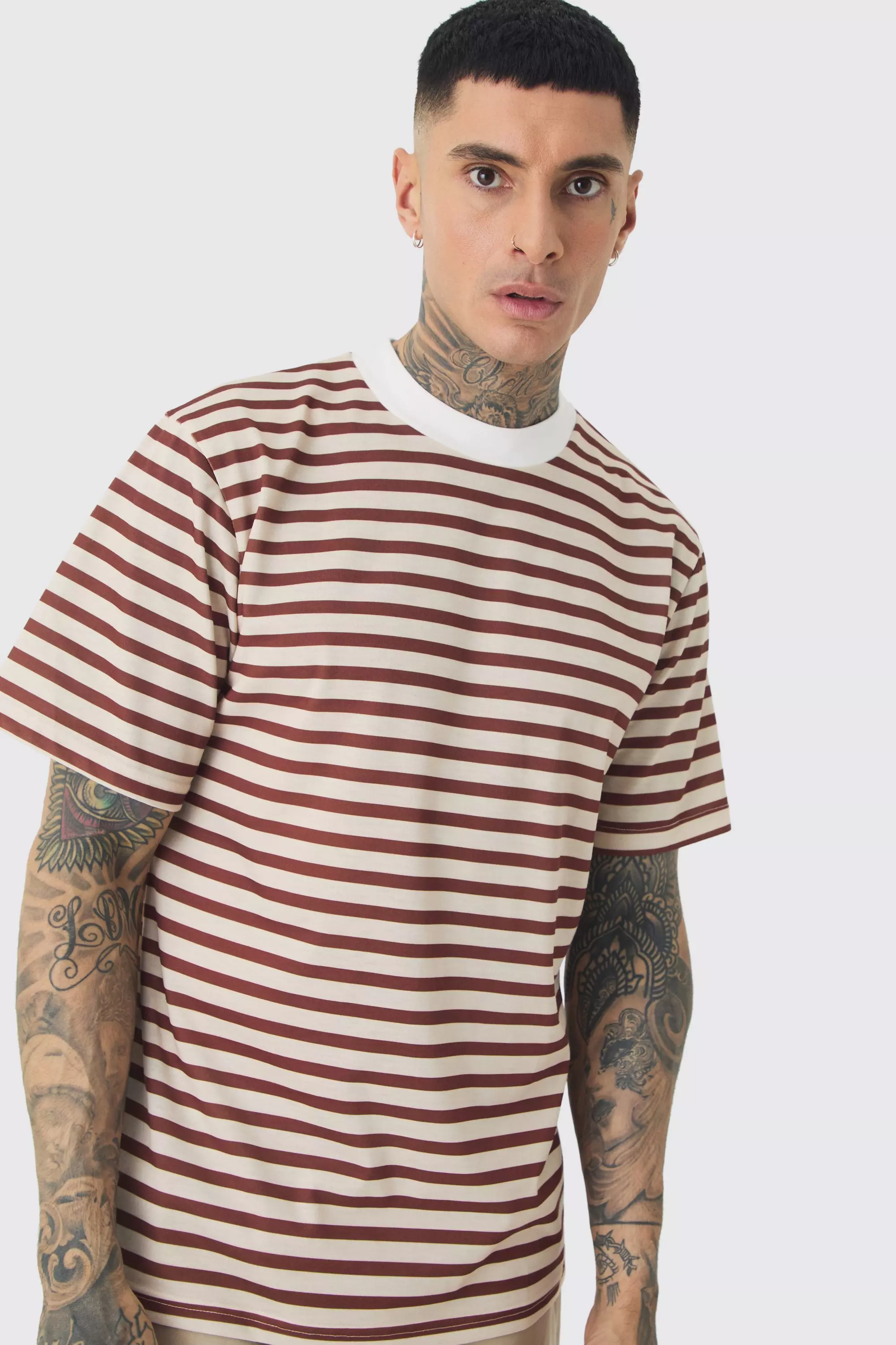 Tall Extended Neck Stripe T-shirt Brown