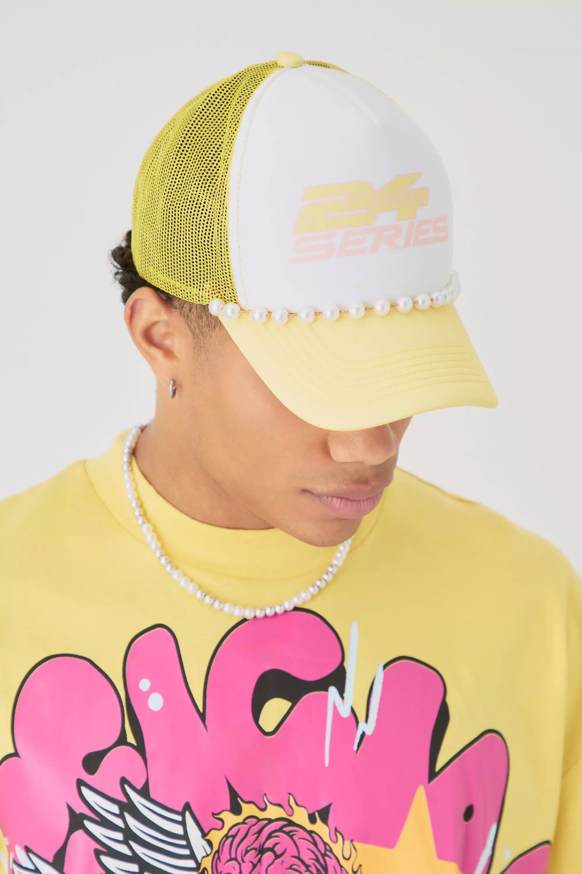 Yellow Slogan Foam Front Trucker Cap with Pearl Detail In Pastel Yellow