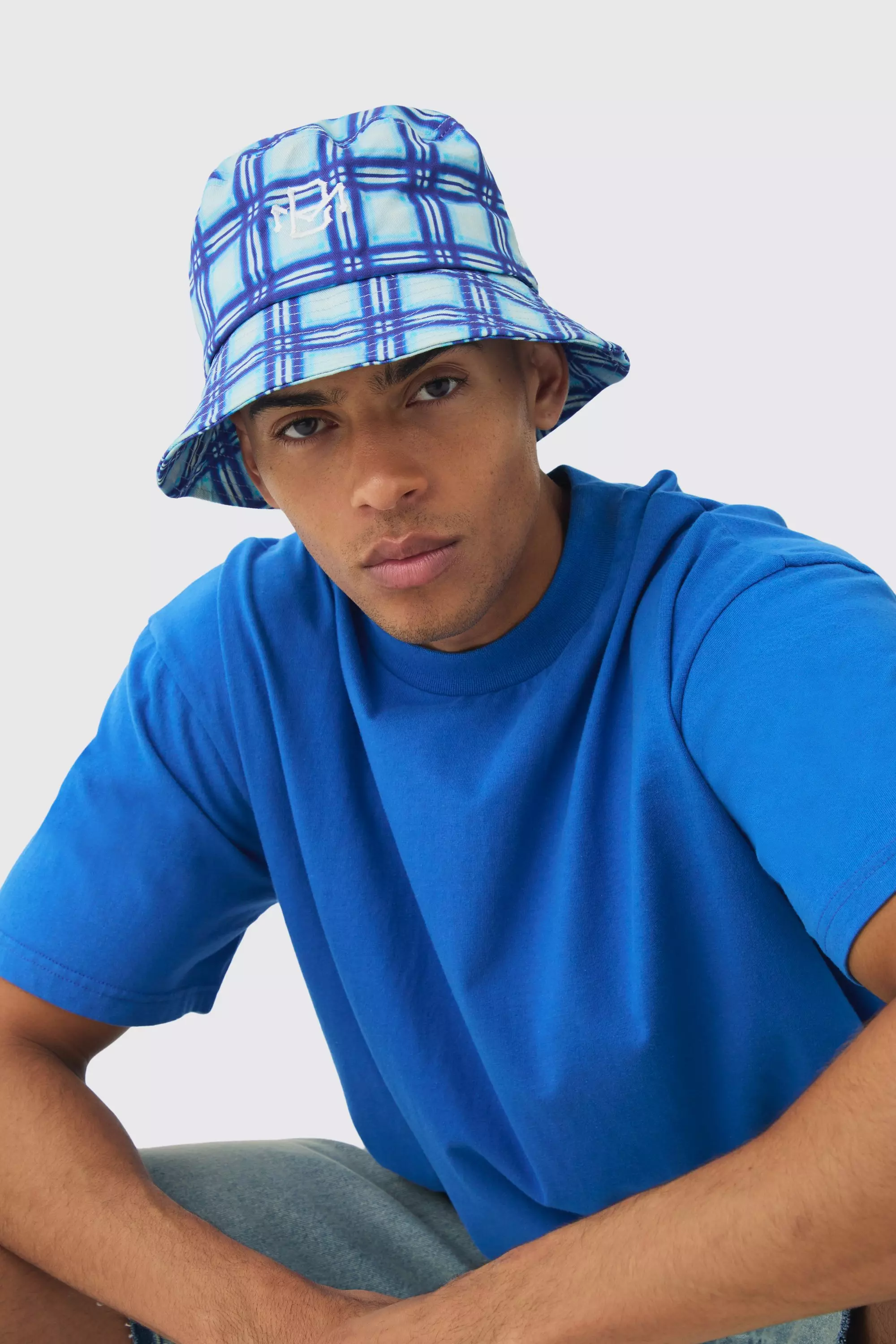BM Plaid Bucket Hat In blue boohooMAN USA