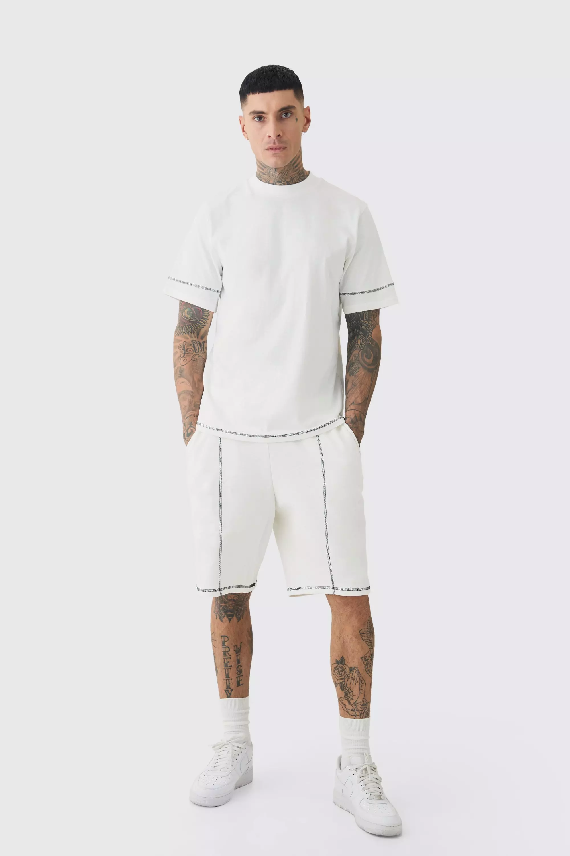 Tall Oversized Extended Contrast Stitch T-shirt & Short Set Stone