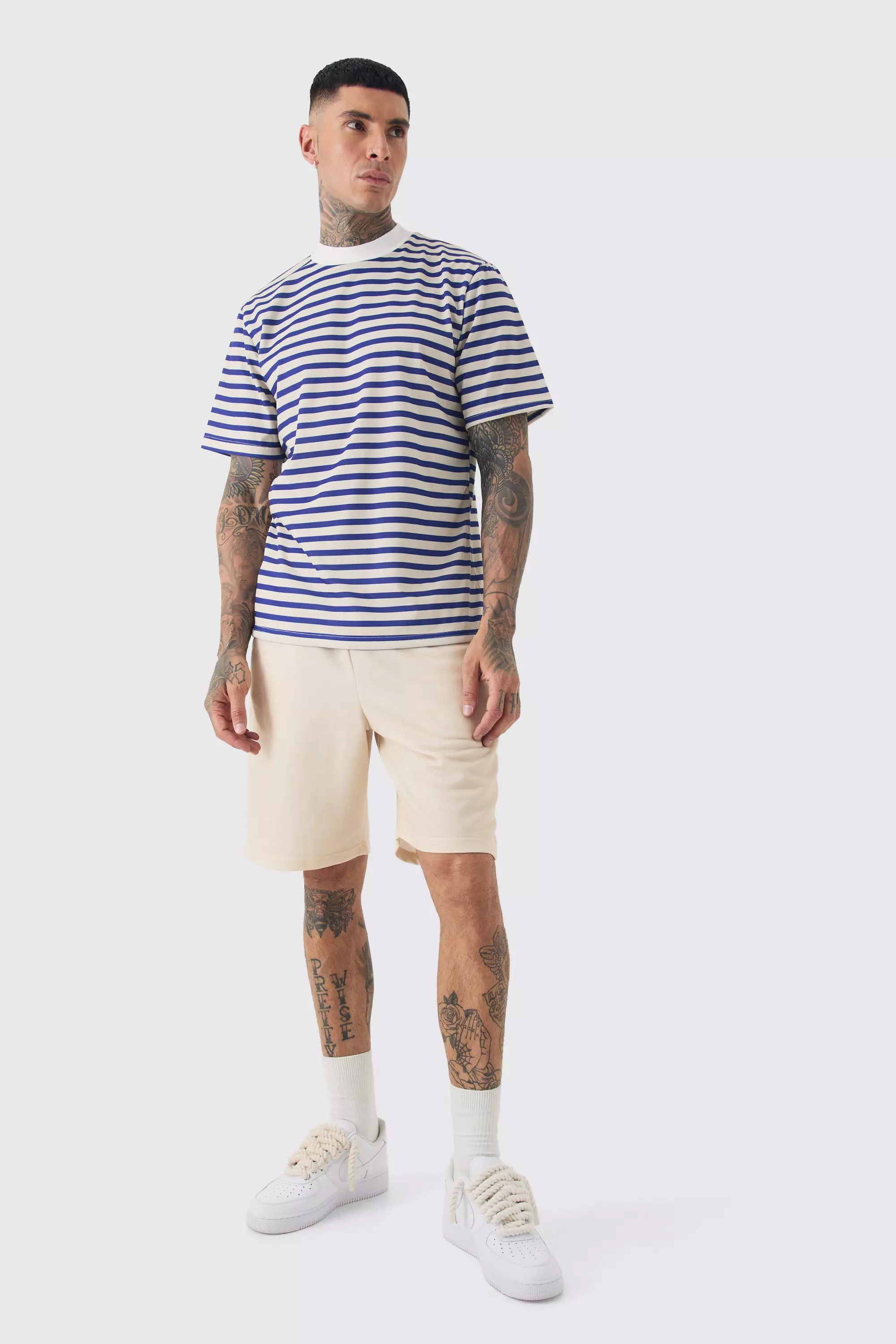 Tall Extended Neck Stripe T-shirt & Short Set Stone