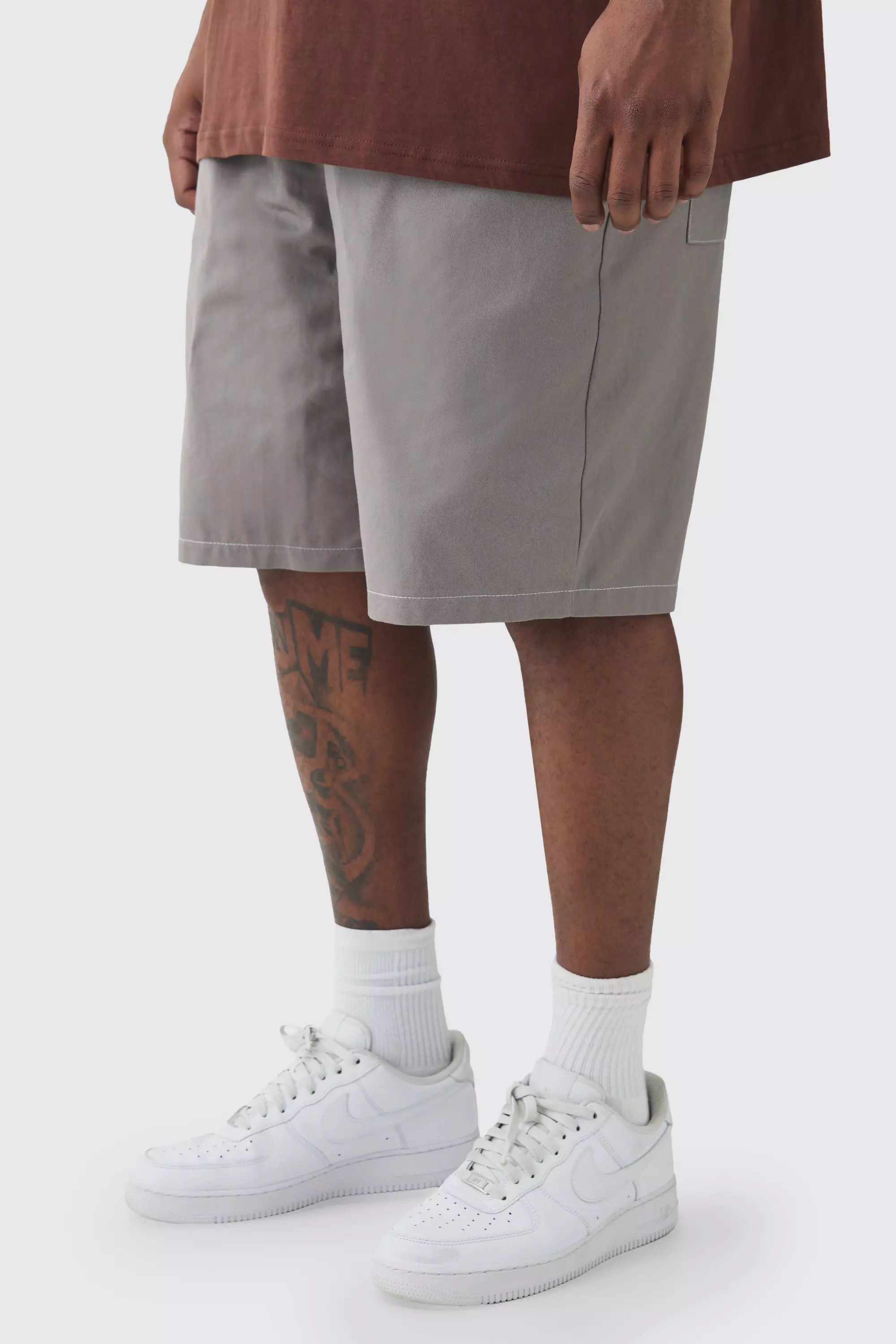 Grey Plus Elasticated Waist Relaxed Twill Contrast Stitch Shorts