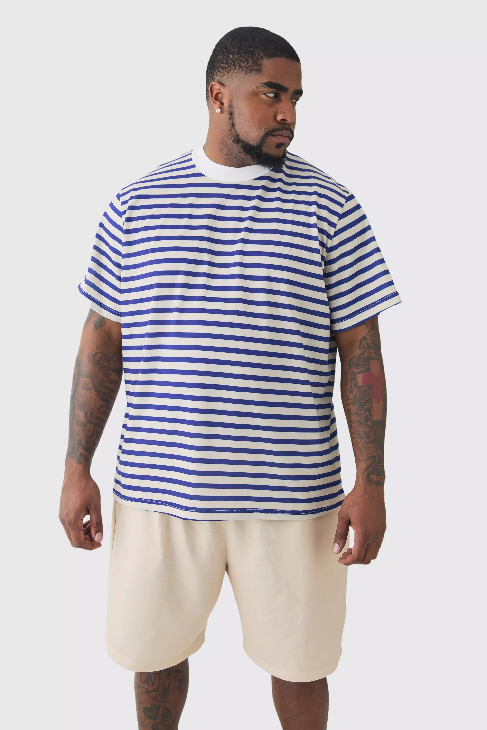 Plus Extended Neck Stripe T-shirt & Short Set Stone