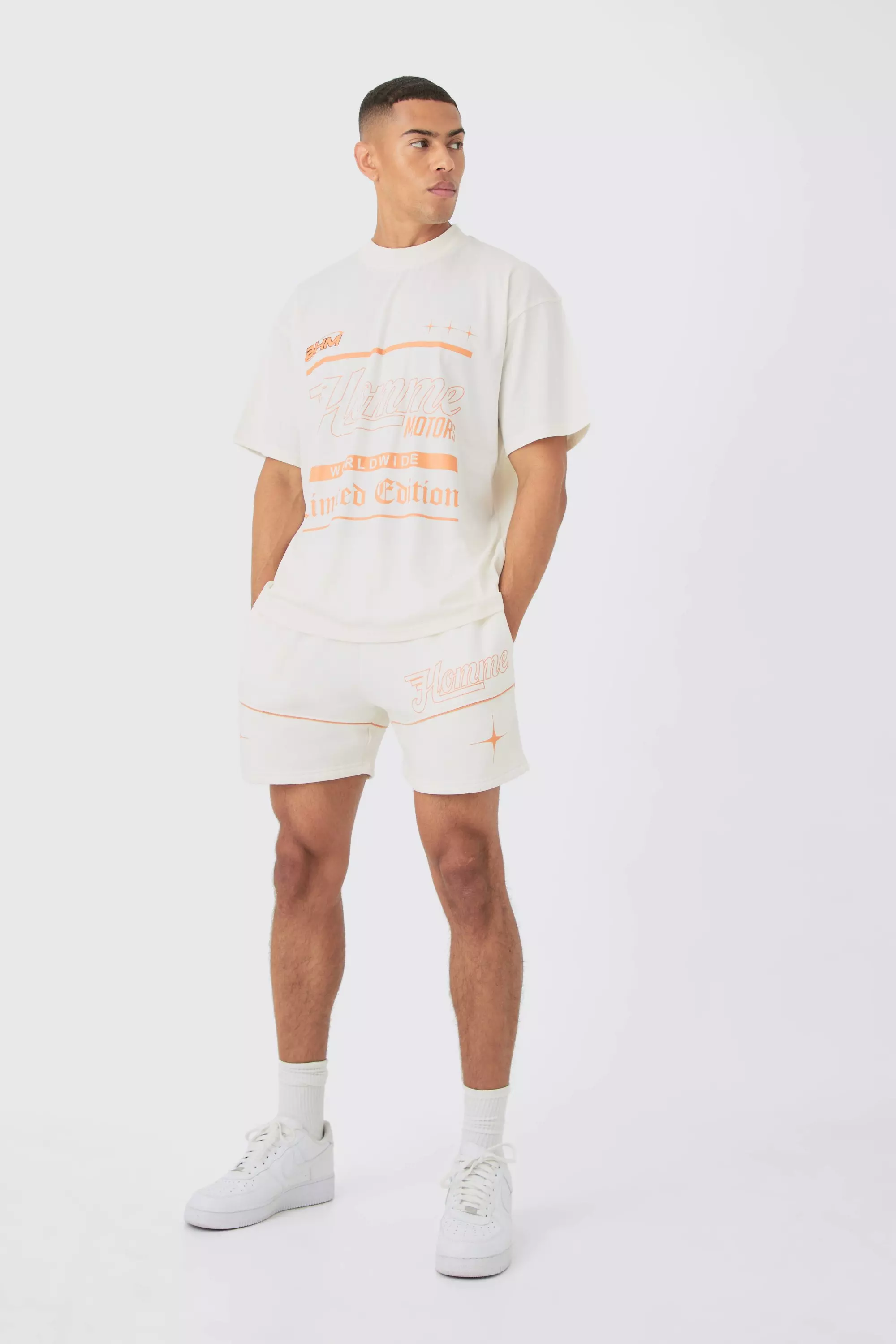 Ecru White Oversized Extended Homme Text Graphic T-shirt And Short Set