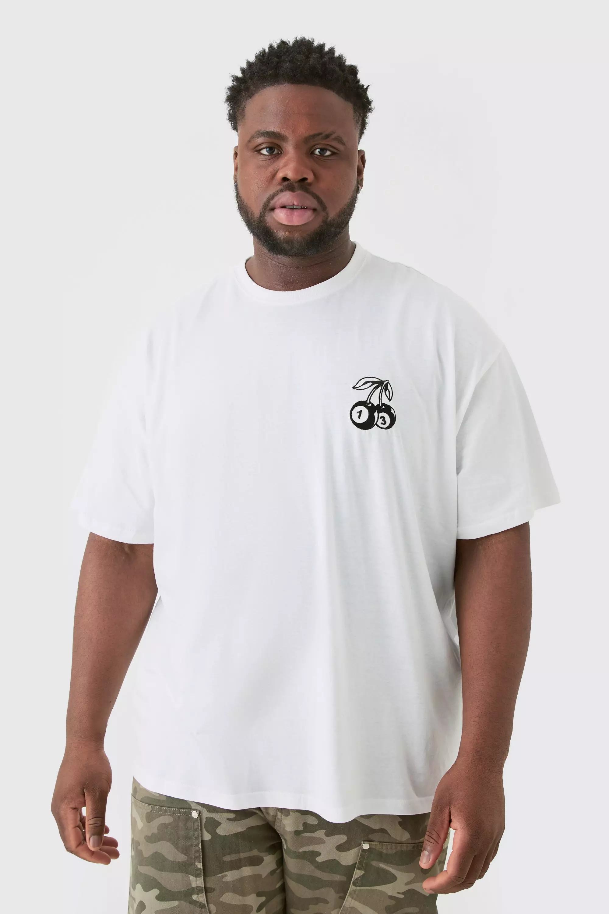 Plus Oversized Dice Cherry Embroidered T-shirt In White White