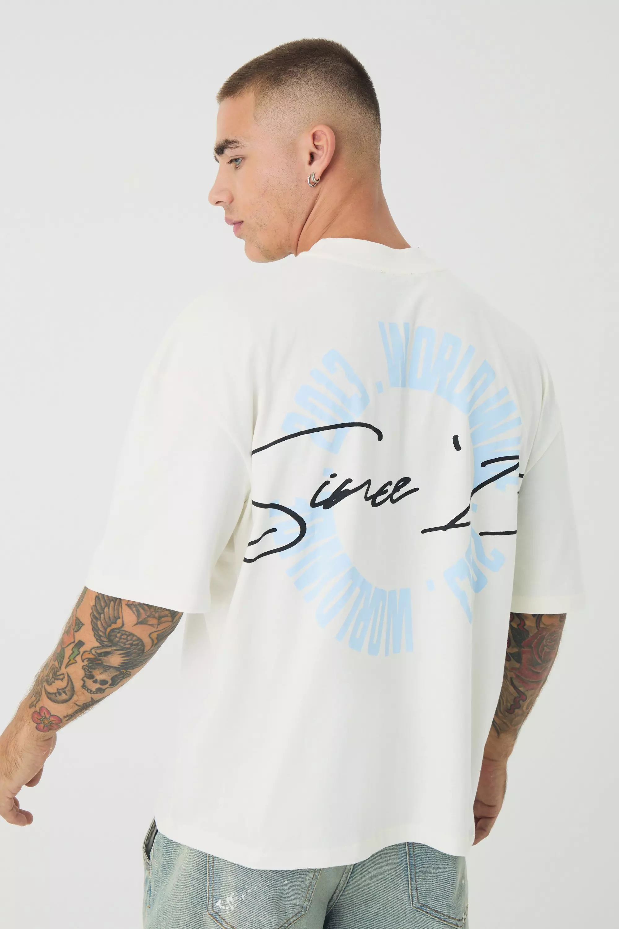 Ecru White Oversized Boxy Printed Embossed Worldwide Half Sleeve T-shirt