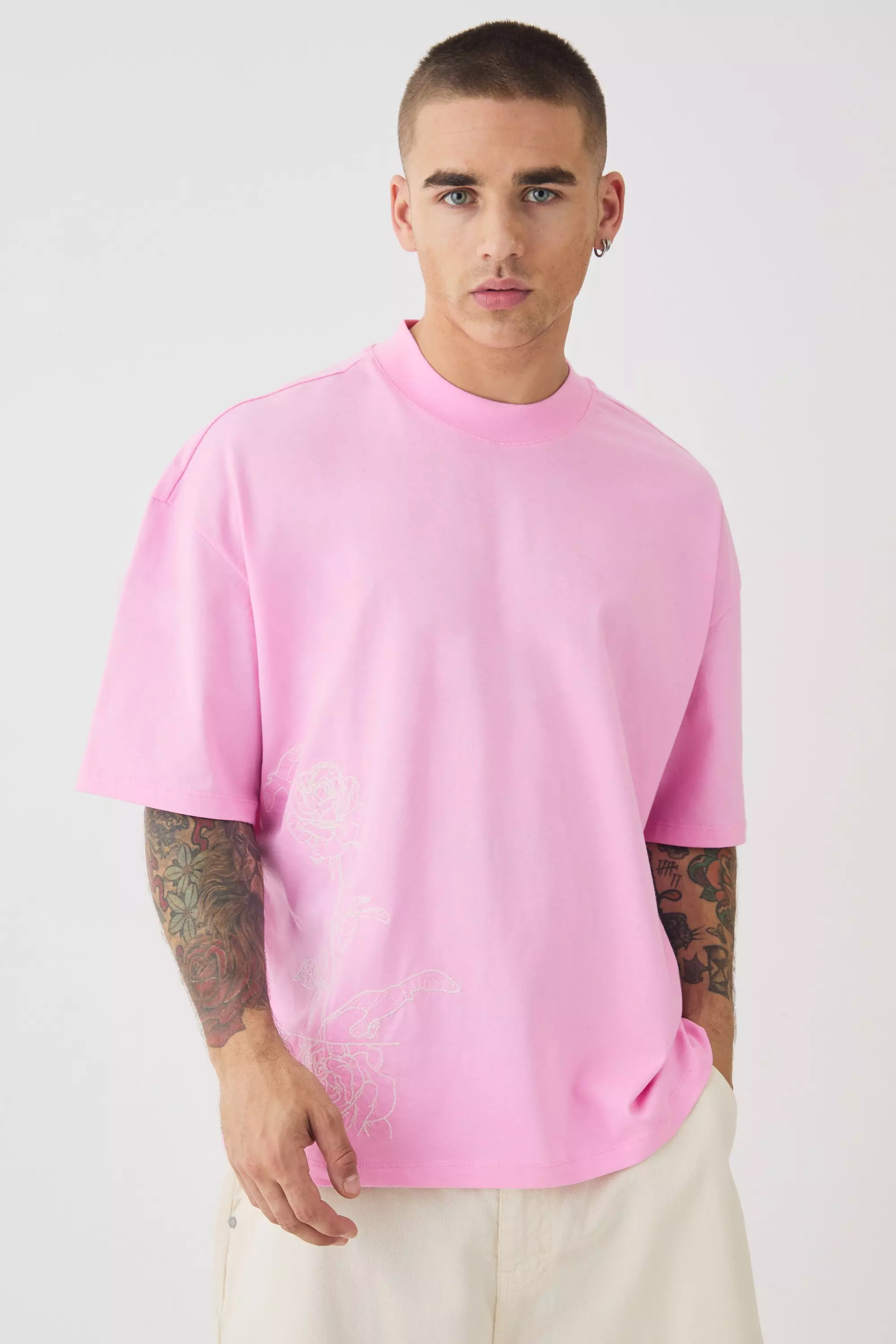Pink Oversized Boxy Extended Neck Line Drawn T-shirt