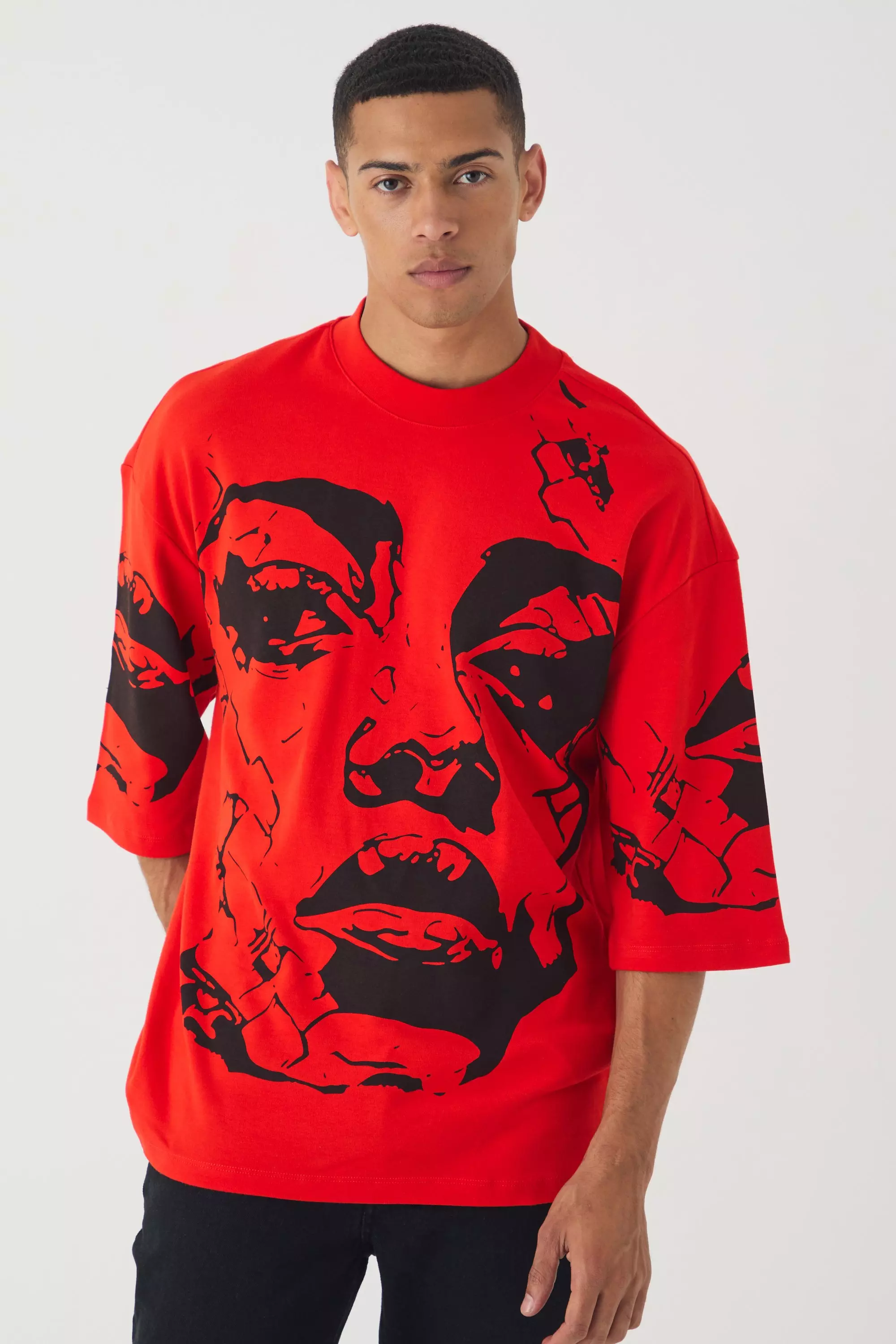 Oversized Extended Neck Heavyweight Interlock Face Print T-shirt Red