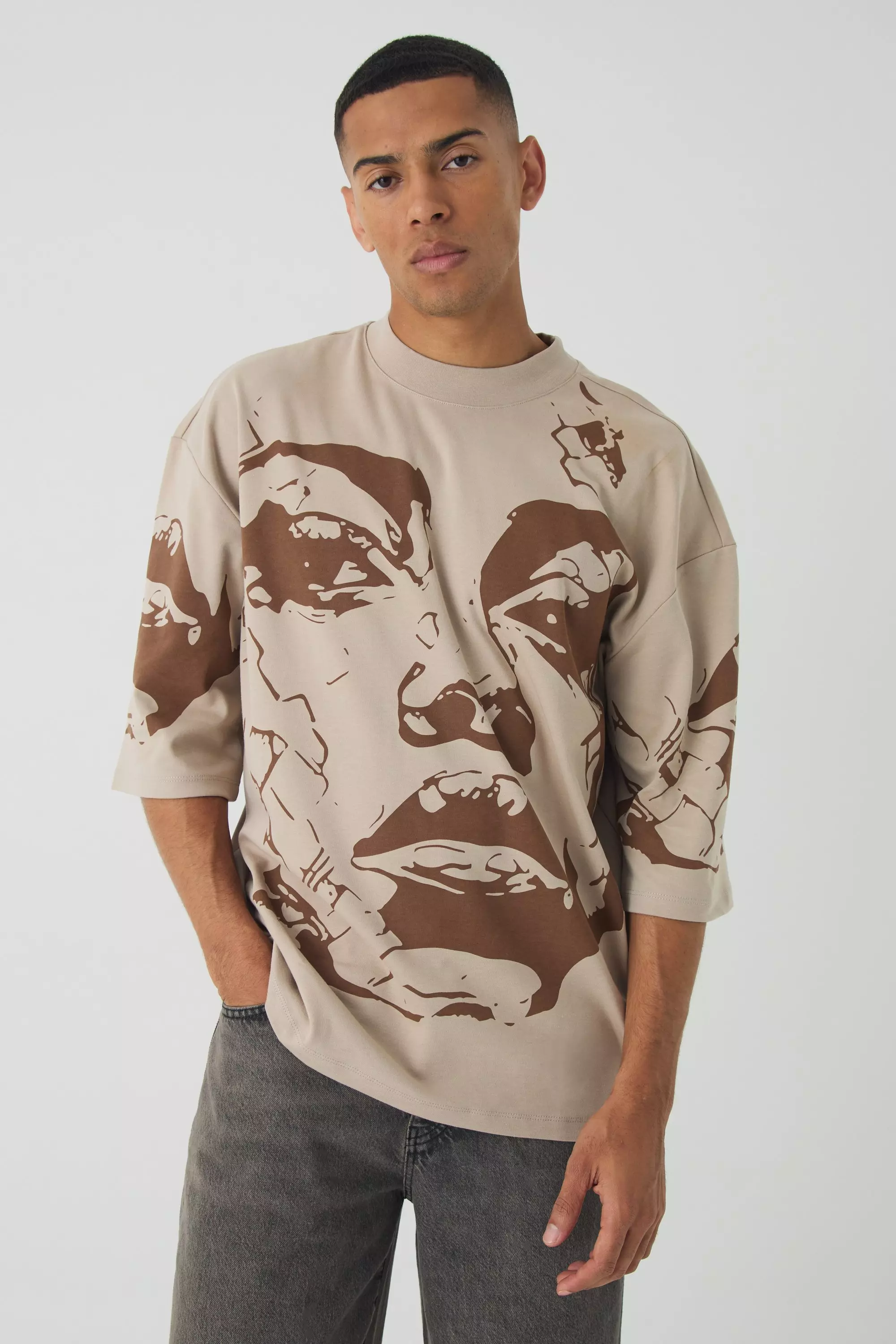 Taupe Beige Oversized Extended Neck Heavyweight Interlock Face Print T-shirt