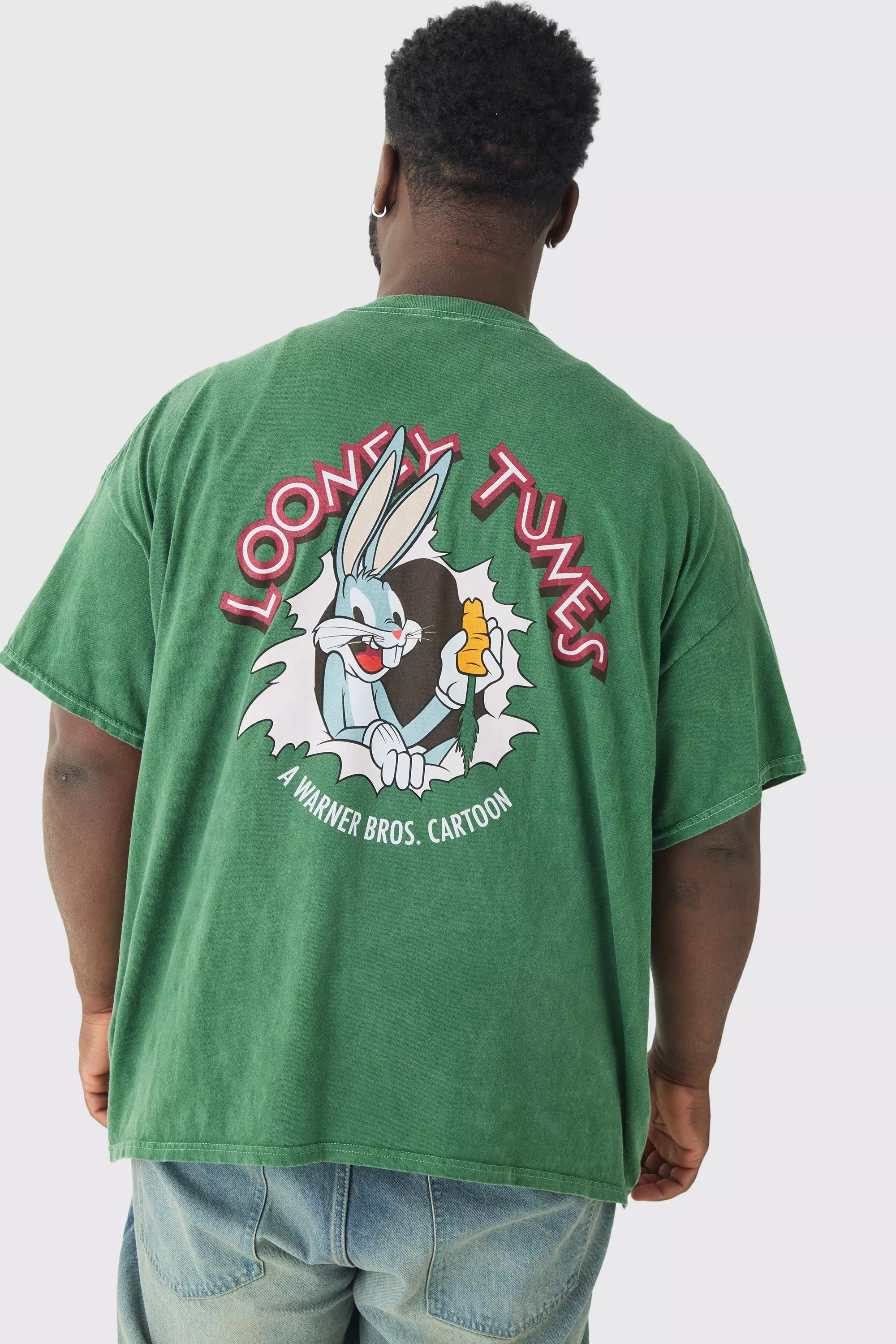 Plus Oversized Looney Tunes License Back Print Washed T-shirt Green