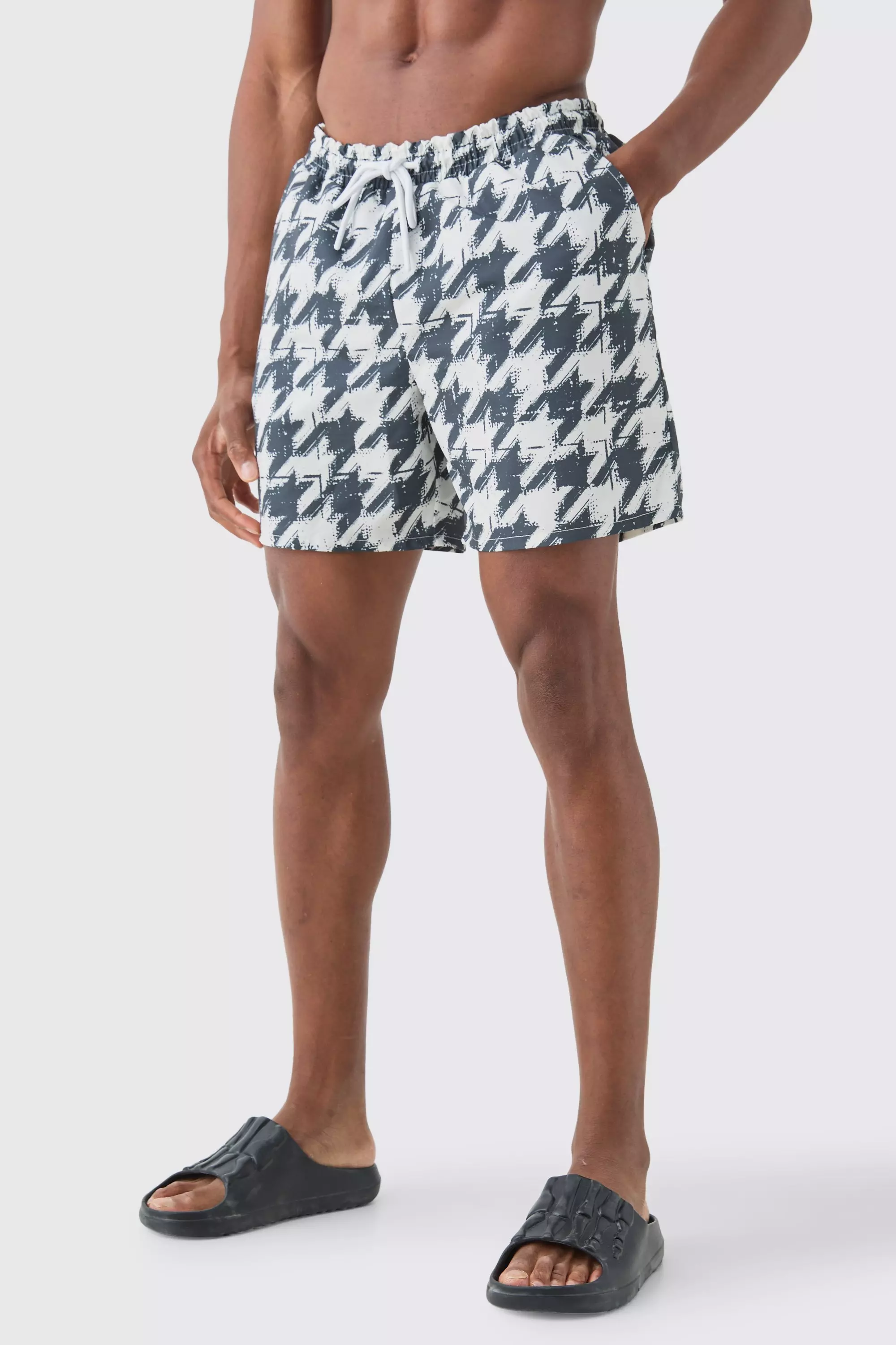 Mid Length Brushed Houndstooth Swim Trunks White