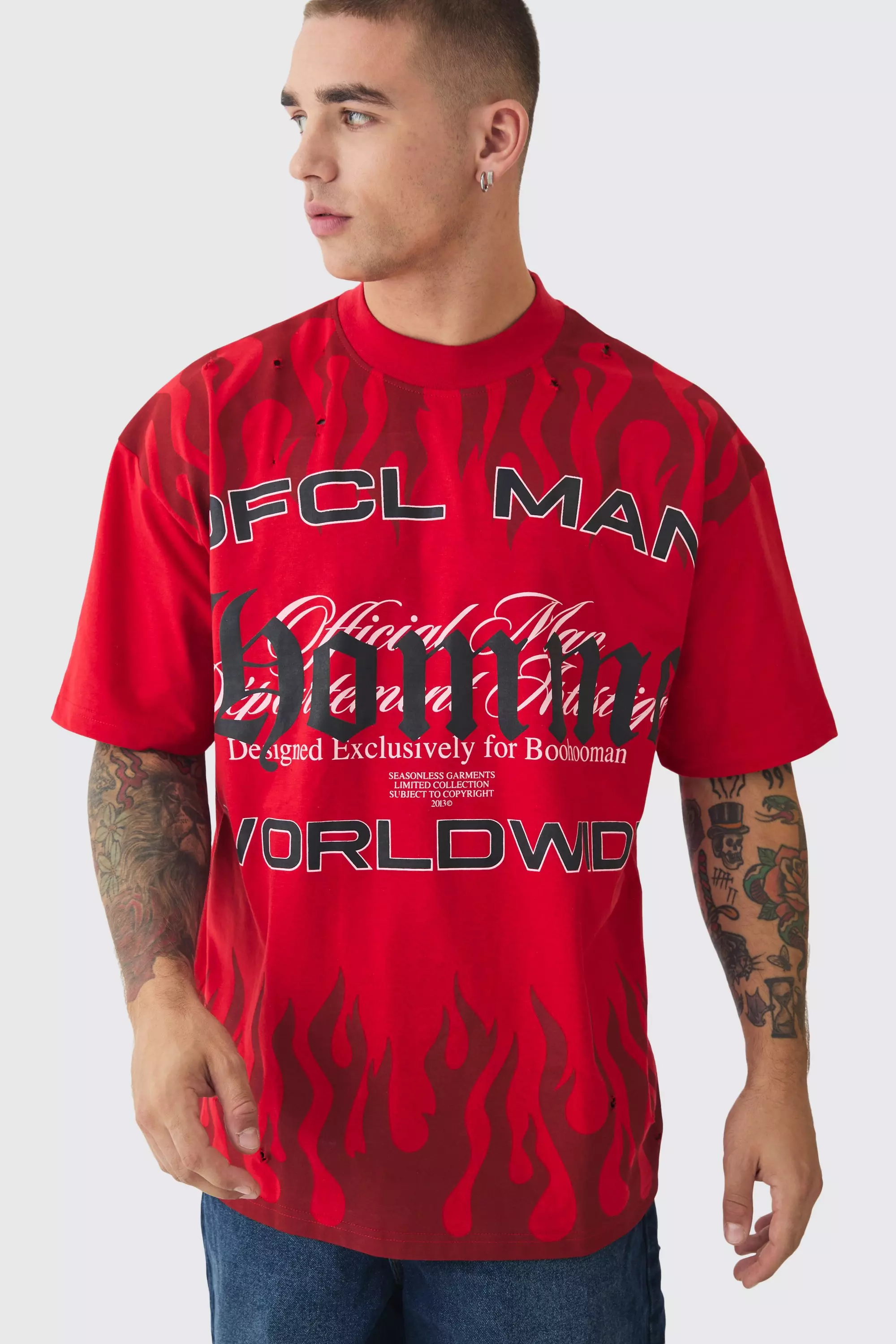 Oversized OFCL Man Homme Distressed Heavyweight T-shirt Red