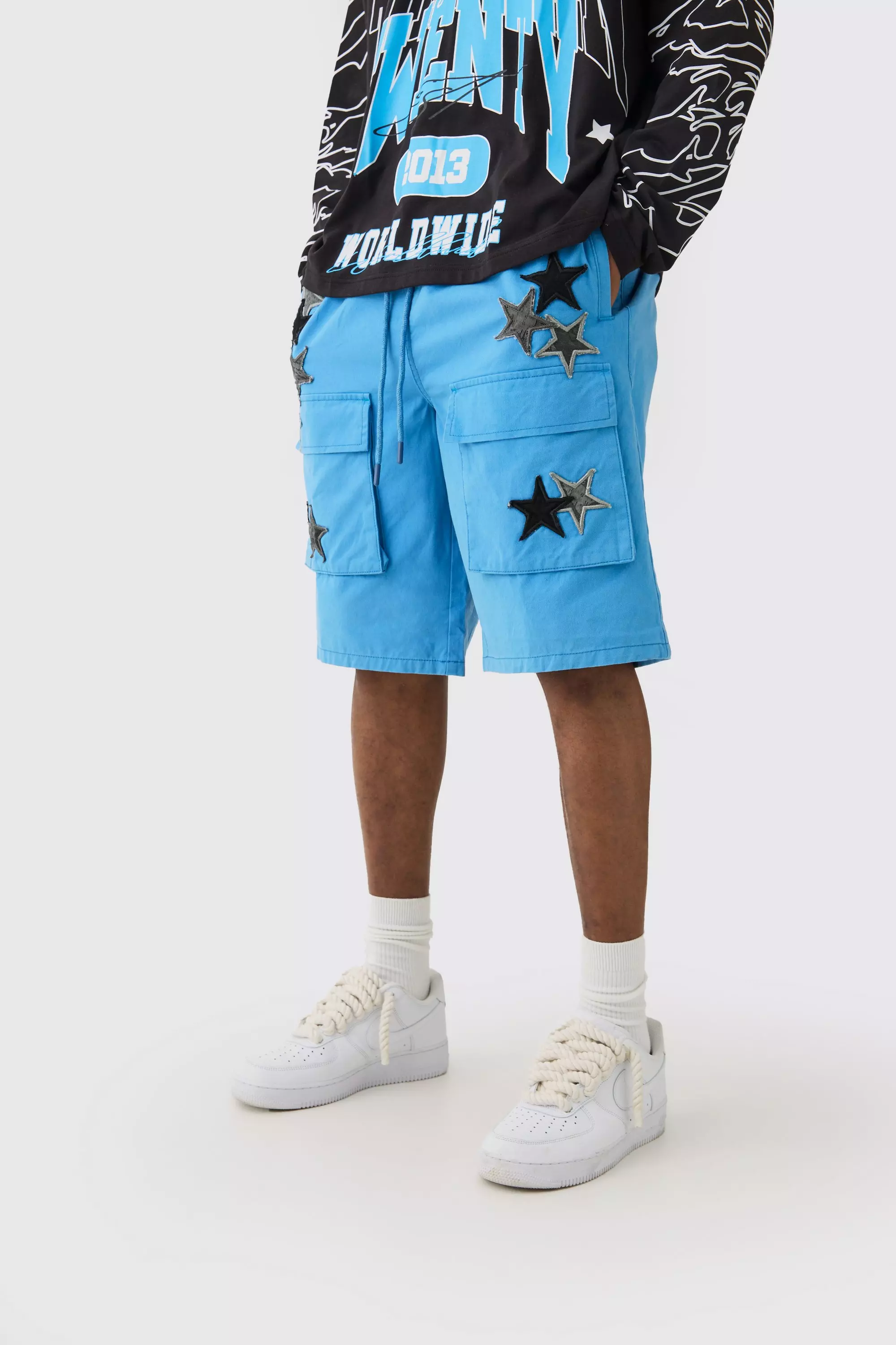 Tall Star Embroidered Cargo Shorts Blue